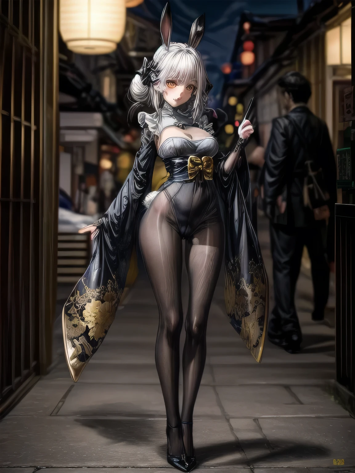 (extremely detailed CG, best quality:1.1), masterpiece, 1girl, perfect face, bright pupils, (finely detailed beautiful eyes:1.1), shiny skin, lustrous skin, wide hips, narrow waist, double bun, (detailed black rabbit's ears hair ornament:1.2), (focus on the peak of rabbit's ears hair ornament:1.2), yellow eye, Japanese clothes, black kimono, black high heels, pantyhose, black bodystocking, bow, elbow gloves, :d ,full body shot