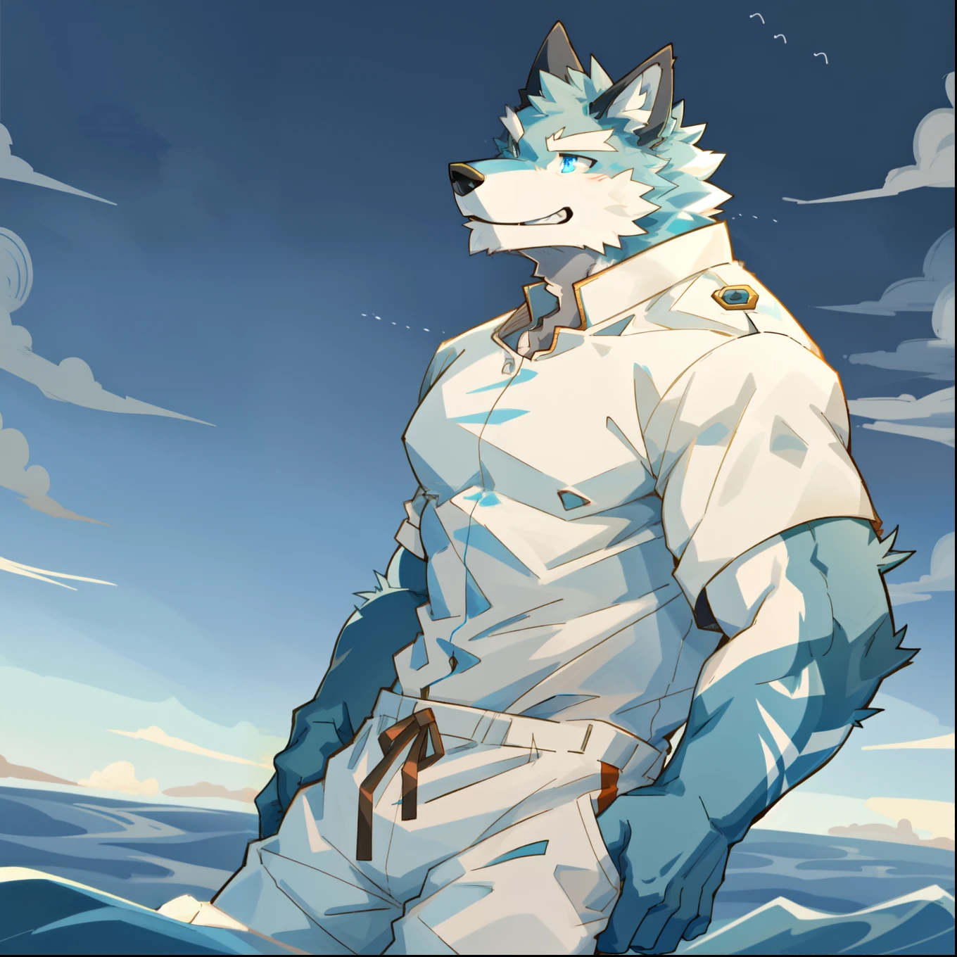 individual,Just not good, Muscular body, young,young角色,White fur all over,White fur,Body tearing,, Dusk evening background,head tilted to one side,Is smiling,Show your teeth,Happy mood, Wear loose-fitting white swimming trunks,Wolf furry character,Blue eyes