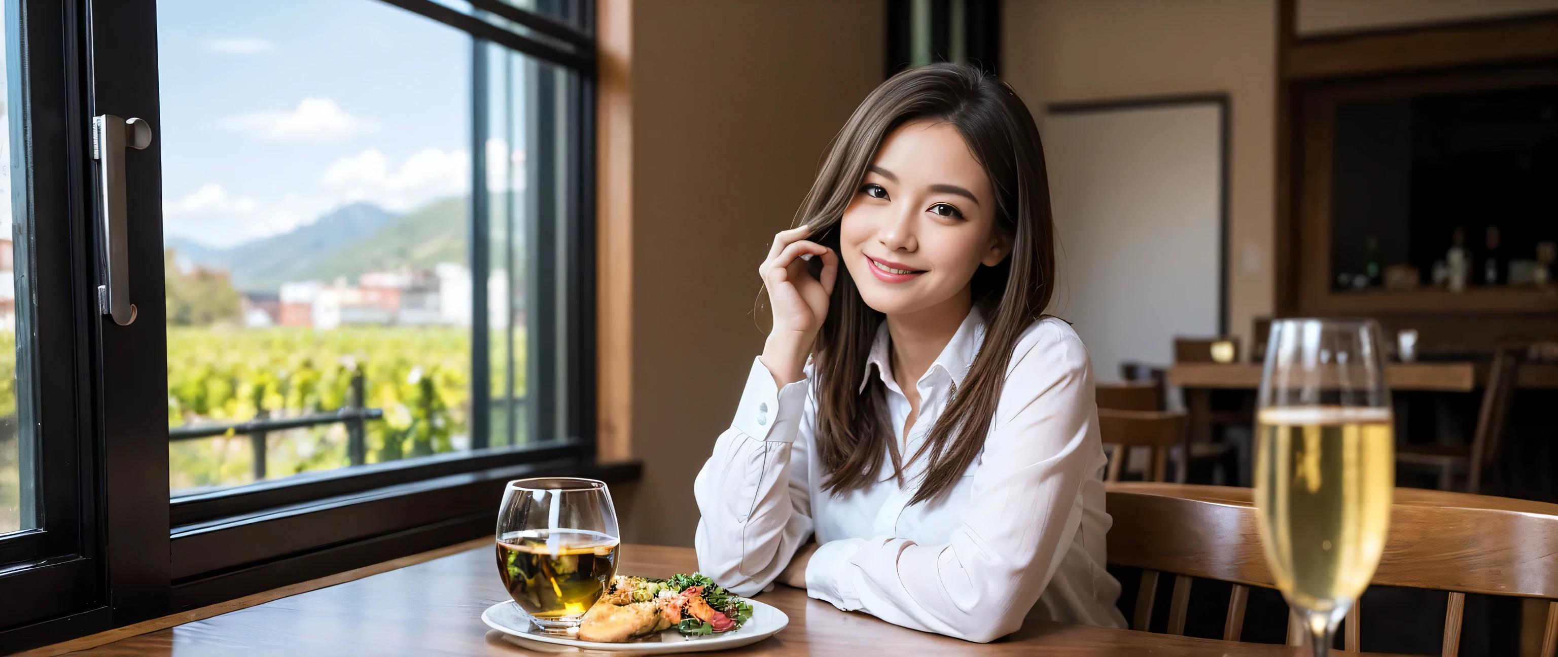 ((highest quality、8k、masterpiece:1.3))、1 male、1 female、Couple、Lovers Couple、Slim body、((Bob Hale、Straight hair:1.2))、(Realistic, Intricate details:1.2), Wine glass on the table、Put the light on your face、 Amazing view of the sunset sky and clouds、Amazing mountain views、A bright smile、A lovely woman with a smile、Bright image、Beautiful Face, blue eyes, The light shines on your face, Blushing, short hair,Bright Face、Fox face、 (40 years old), 39 years old, Lady、red wine 、Appetizers、Italian food、Wine bottle、Champagne、sparkling wine、Two beauties、Brown Hair、Shortcuts、Long sleeve shirt、dress、Pretty Woman 1, (Slim face), (The body is slim), (Brown Hair), (Shortcuts), cheeks turn a little red,Attractive beauty、, Out of the window, A beautiful and detailed night view unfolds.........., restaurant, In a prominent place (From the waist up) Nova Frog Style, actress, model, Upper Body, White wine, slim, wine glass, Wine glass placed in the center, smile, (smile: 1.15), Beautiful fine grain, Depth f/2,saturation, High Contrast, Strong light and shadow,Moist Body:1.5、3D texture、Delicate eyes、Brown Hair、The hair is very shiny、