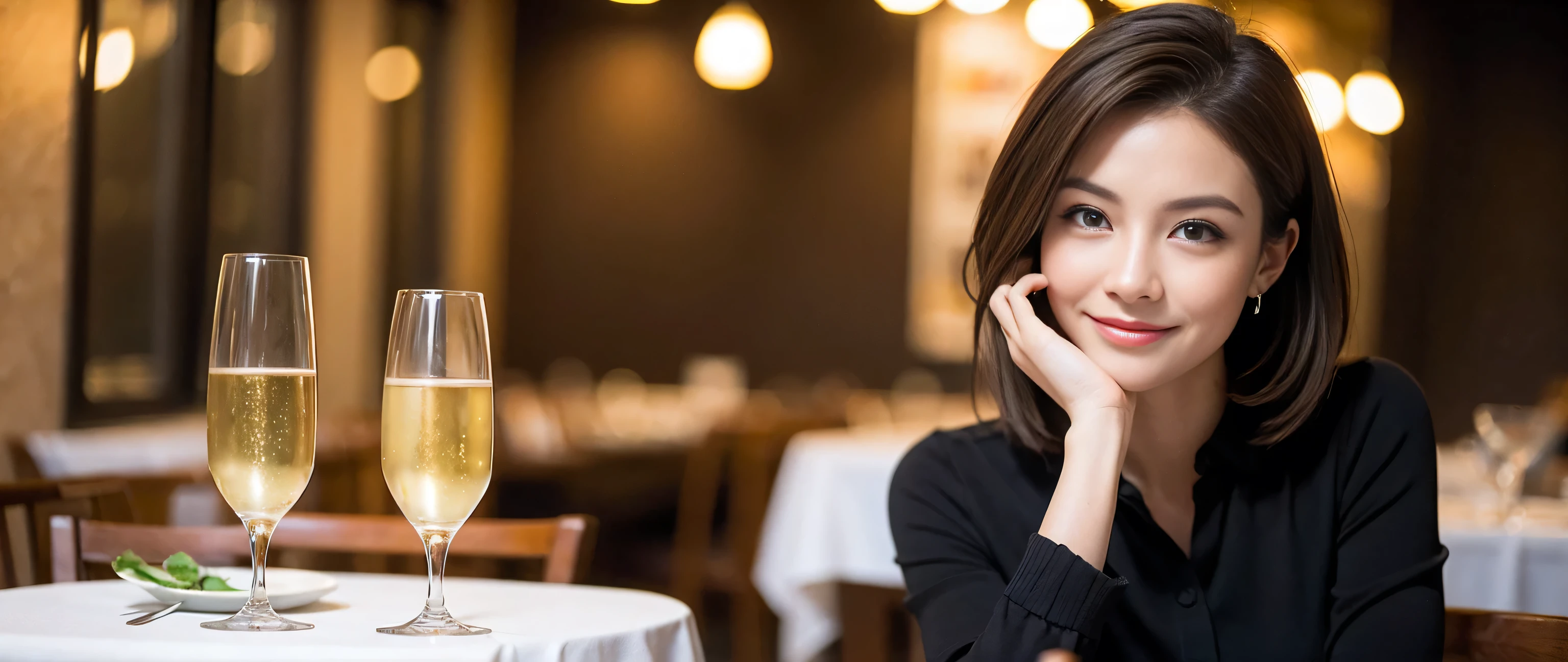 ((highest quality、8k、masterpiece:1.3))、1 male、1 female、Couple、Lovers Couple、Slim body、((Bob Hale、Straight hair:1.2))、(Realistic, Intricate details:1.2), Wine glass on the table、Put the light on your face、 Amazing view of the sunset sky and clouds、Amazing mountain views、A bright smile、A lovely woman with a smile、Bright image、Beautiful Face, blue eyes, The light shines on your face, Blushing, short hair,Bright Face、Fox face、 (40 years old), 39 years old, Lady、red wine 、Appetizers、Italian food、Wine bottle、Champagne、sparkling wine、Two beauties、Brown Hair、Shortcuts、Long sleeve shirt、dress、Pretty Woman 1, (Slim face), (The body is slim), (Brown Hair), (Shortcuts), cheeks turn a little red,Attractive beauty、, Out of the window, A beautiful and detailed night view unfolds.........., restaurant, In a prominent place (From the waist up) Nova Frog Style, actress, model, Upper Body, White wine, slim, wine glass, Wine glass placed in the center, smile, (smile: 1.15), Beautiful fine grain, Depth f/2,saturation, High Contrast, Strong light and shadow,Moist Body:1.5、3D texture、Delicate eyes、Brown Hair、The hair is very shiny、