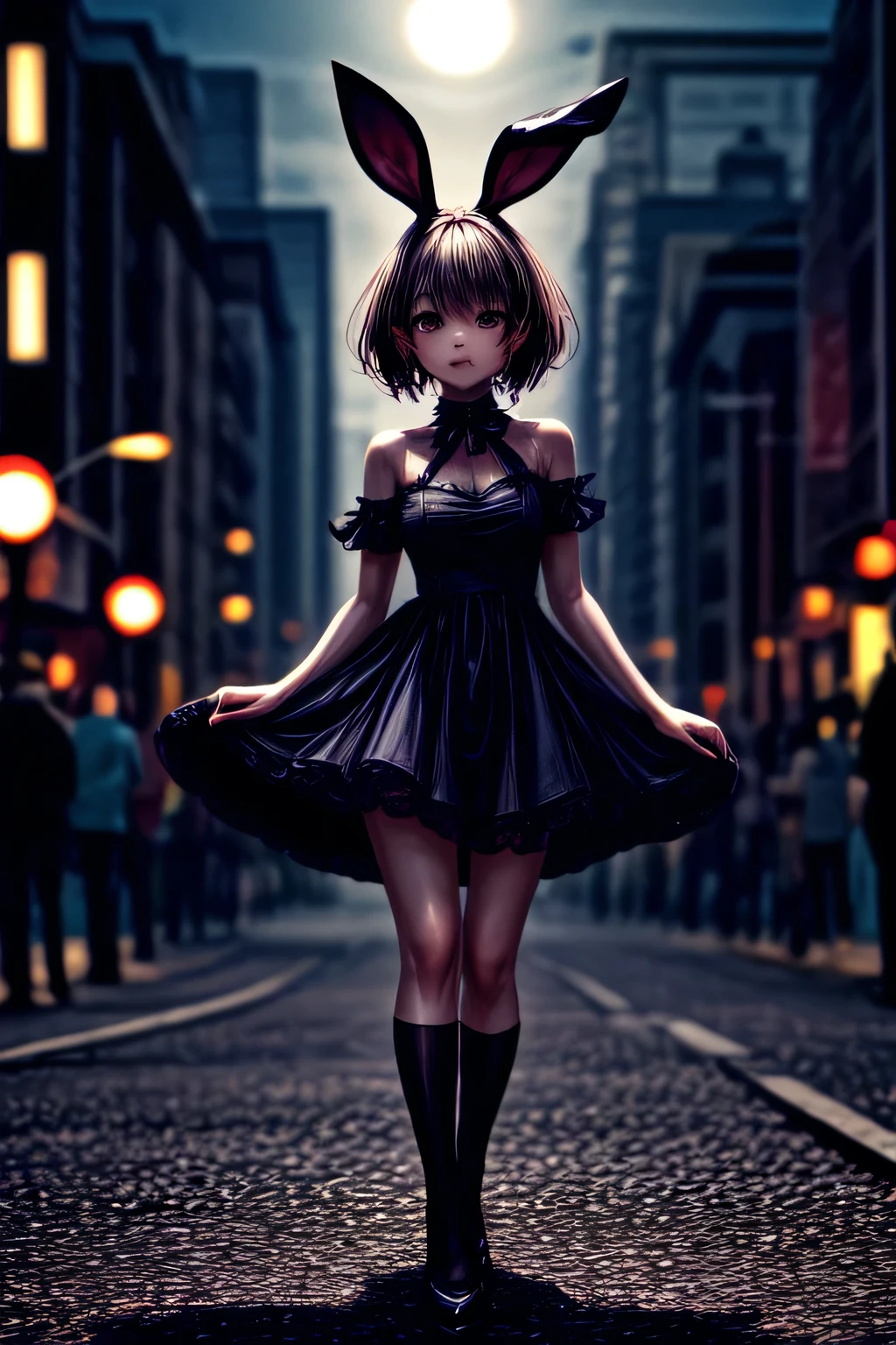 A photo of a rabbit in a neat dress, adorable face, cute expression, Perfect Anatomy, detailed rabbit's ears, focus on the peak of rabbit's ears, beautiful views, Detailed face. full body shot, night street