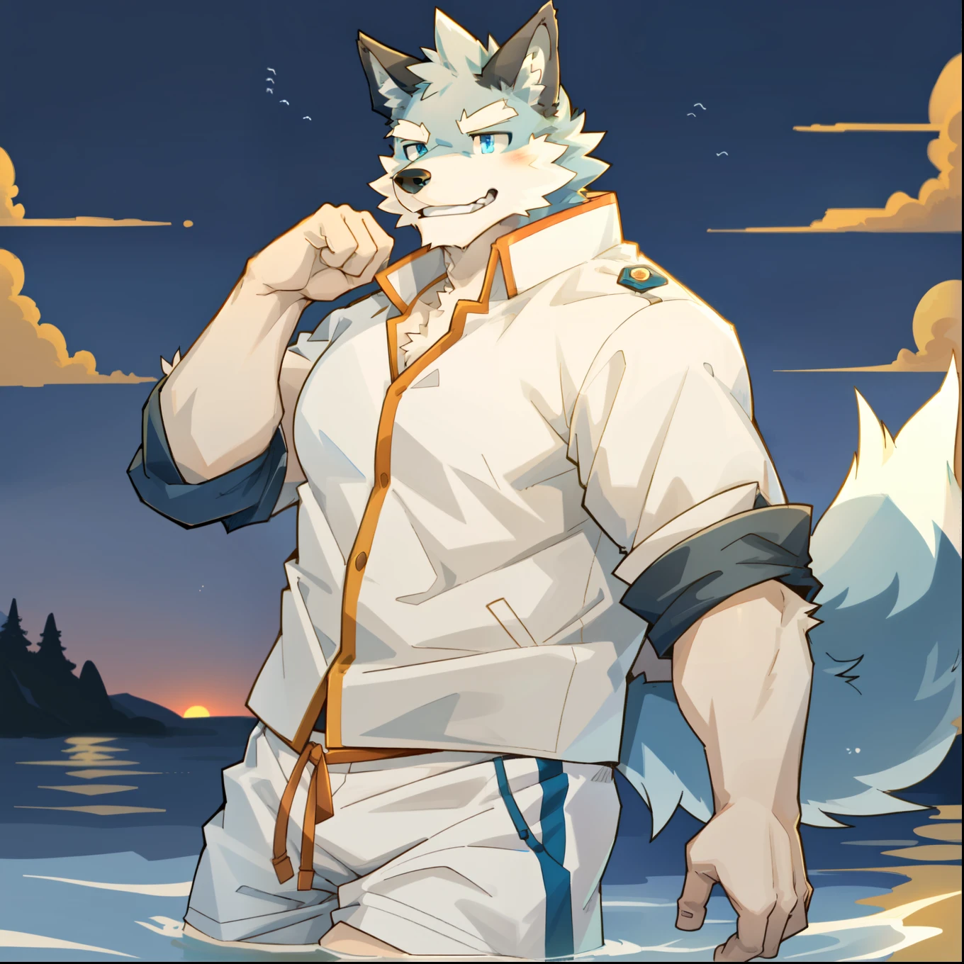 Solo, male, sitting in lake, bulge, by bigcozyorca, by goonie-san, by bebebebebe, by spikedmauler, above viewer, alaskan malamute, fluffy fur, bushy tail, buff, wearing boxers briefs, steam, panting, sexy expression, hard cock, boner, throbbing boner under underwear, cock, throbbing movement around cock, looking down at viewer, close up, cock detailed outline, on top of viewer, boner outline under underwear, callor, leather dog callor around neck