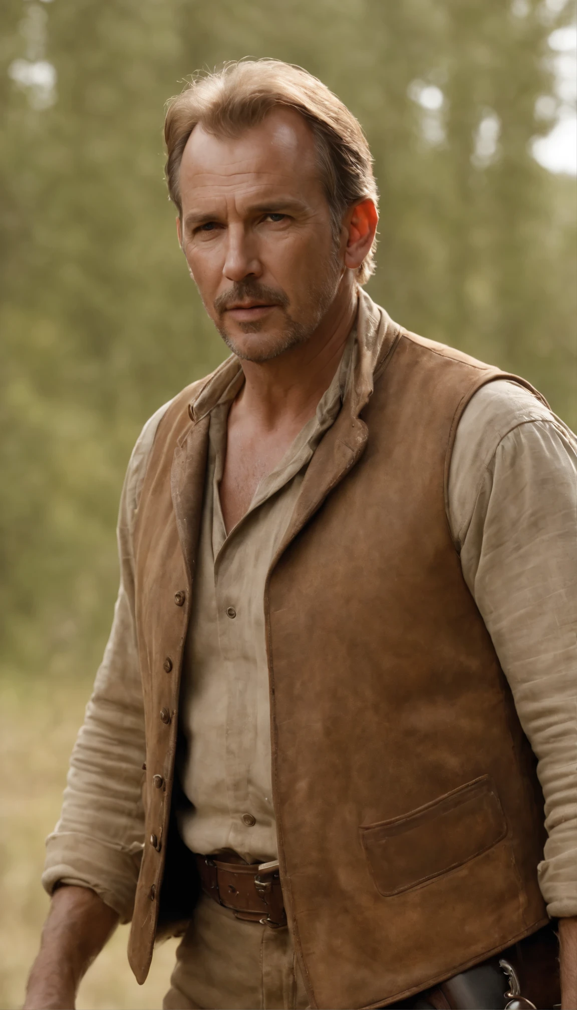 movie「Silverado」In the high definition scene of the duel scene、Kevin Costner plays a rugged frontier lawman.、movieのリアルな世界観の下で両手で巧みに銃を振り回しています。This moment when the soft natural light shines in、The intricate detail of Costner&#39;s weathered features and、It highlights the worn gunmetal of his firearm.。High resolution and exceptional image quality、movieのようなドラマを感じさせ、4K UHD capture、From the texture of film grain to the subtle nuances of Western movies、Every detail is faithfully reproduced。A closer look at young Kevin Costner&#39;s face