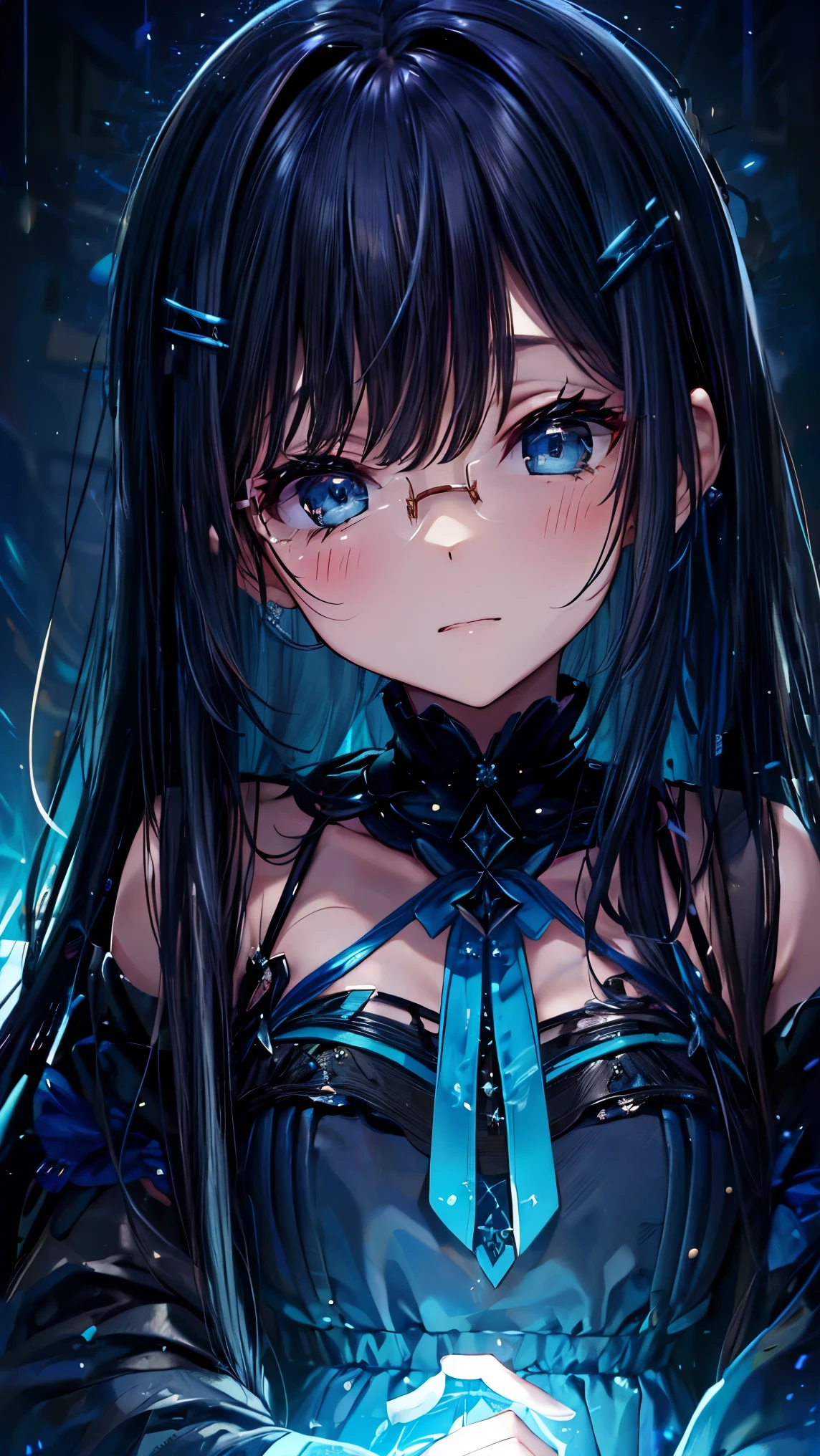 Adult Women、Luminescent Blue、黒Luminescent Blue、、((((Dark blue straight hair))))、Cute Design&#39;Glasses、uniform、(Background Library)、(((Royal Magical Library)))librarian、Glasses available