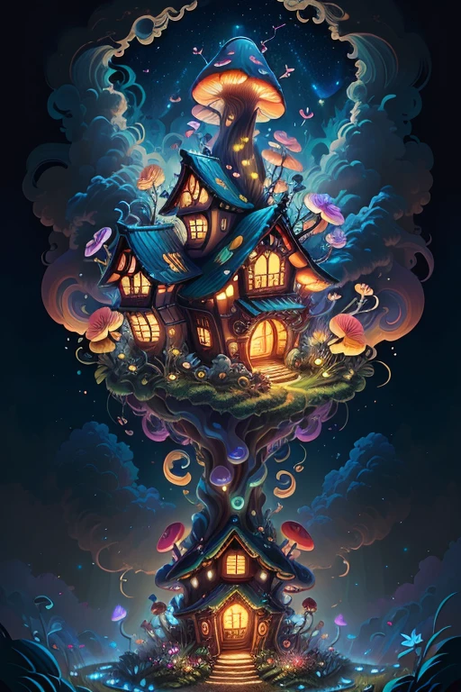 (Swirling clouds and colorful flowers), (forest fireflies fantasy korean mushroom house), (midnight), (Irregular), (mysterious), (ridiculous), dreamy, disney, t shirt design, vector,