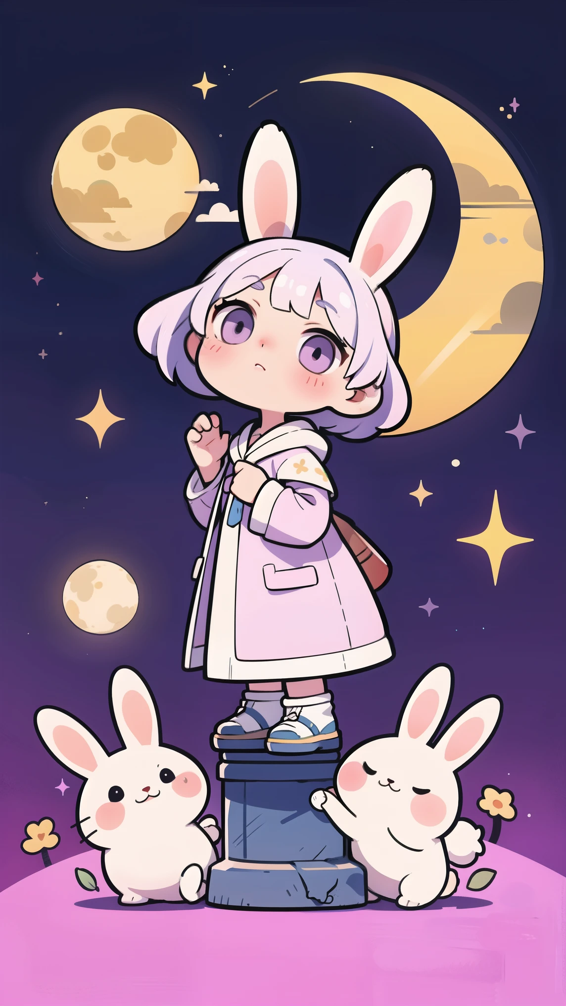 A fat, light purple rabbit stands in the sky., There is a moon with a rabbit‘s face in the background.