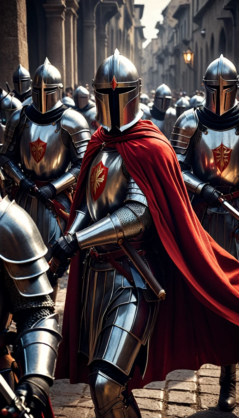 a group of knights donned in full armor and adorned with striking red capes finds themselves in the midst of a dramatic battle. Armed with powerful maschinengewehr weapons, these valiant templars face off against a horde of possessed politicians, locked in a fierce struggle for supremacy and control,
digital UHD (k) image, cinematic film still dramatic side lighting, dramatic intense stare closeup portrait, hdr, shallow depth of field, vignette, highly detailed, high budget Hollywood film, cinemascope, moody, epic, gorgeous
, Highly detailed and clean, Photorealistic and cinematic masterpiece, professional photography, realistic, realism, 200k , Raytracing and light effect , gold magic, gold efect, digital, perfect composition, beautiful detailed intricate insanely detailed octane render trending on artstation, 8 k artistic photography, photorealistic concept art, soft natural volumetric cinematic perfect light, award - winning photograph, masterpiece, raphael, caravaggio, greg rutkowski, beeple, beksinski, giger