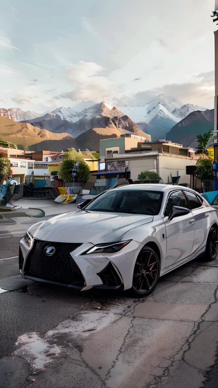 is250, white car, vehicle focus, no humans, ground vehicle, motor vehicle, urban city, street, mountain in background, cruising on street