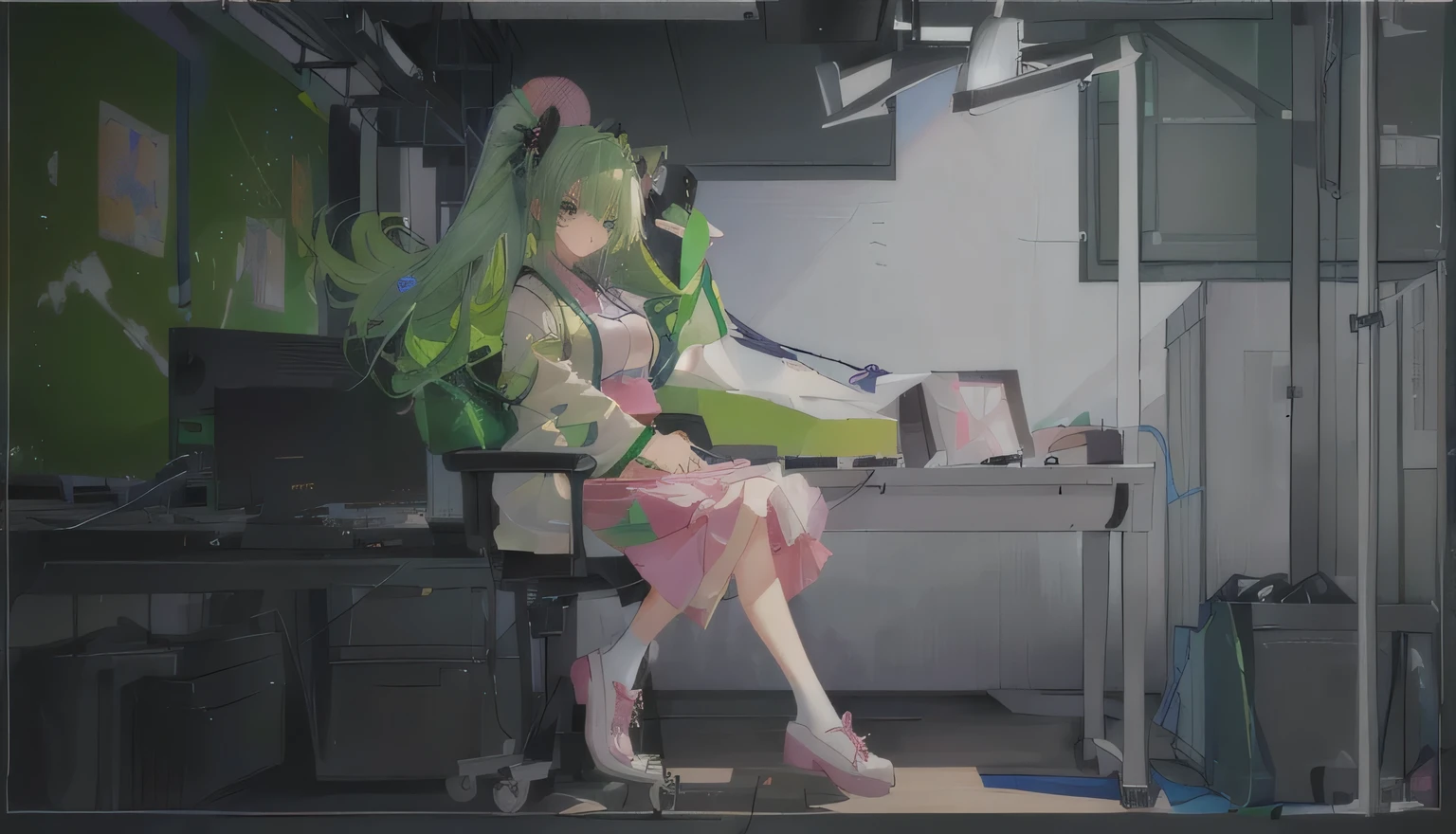 Anime girl from Infirmary,With green hair and pink skirt, In the anime painter studio, Produced in collaboration with Anime Painter Studio, Headquarters Artwork, Zero Art, High quality fan art stylized anime, 2D Illustration, 2D Illustration,Infirmary。Nurse,Experimental instruments