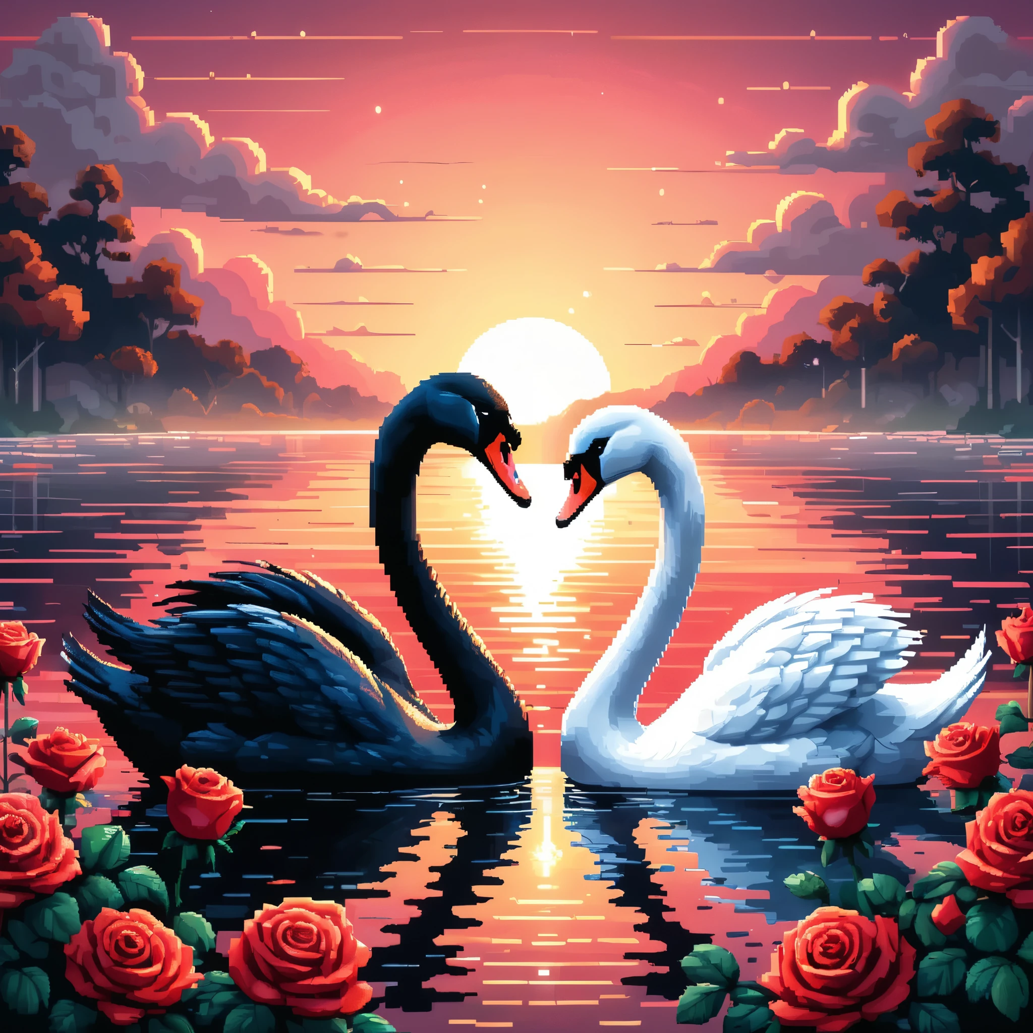 Professional cartoon pixel illustration, (masterpiece in maximum 16K resolution, superb quality, ultra detailed:1.3), (front view) of a love couple of black and white swan, the water surface has pink and red roses in front, blurry warm ((epic)) background.