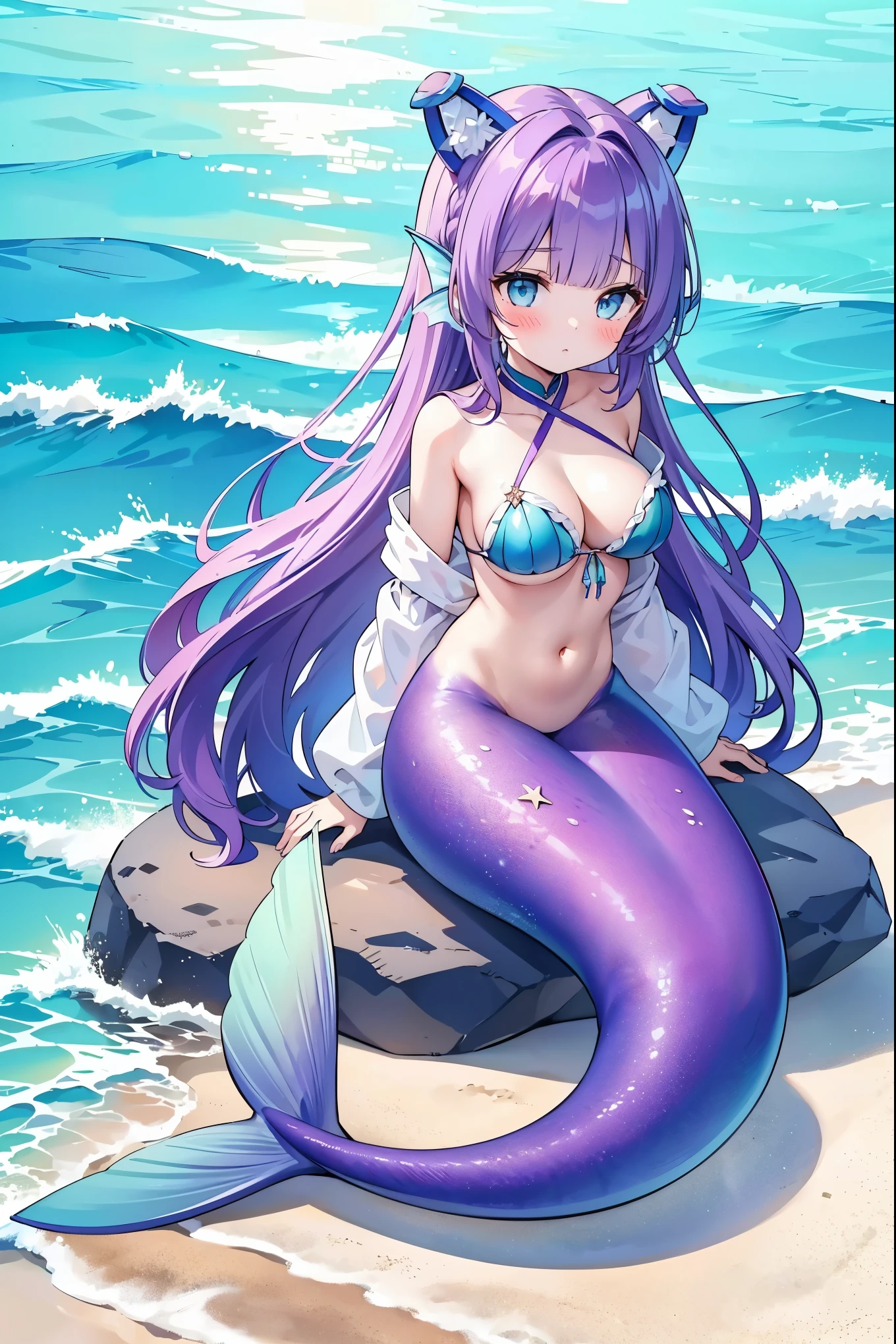 masterpiece, best quality,A girl,Large Breasts,Hair accessories,Mermaid,紫色的Mermaid尾巴,Tashkent,Fake animal ears,Purple Hair,blue eyes,long hair,Bangs,full-body shot,sit,beach,Sea view