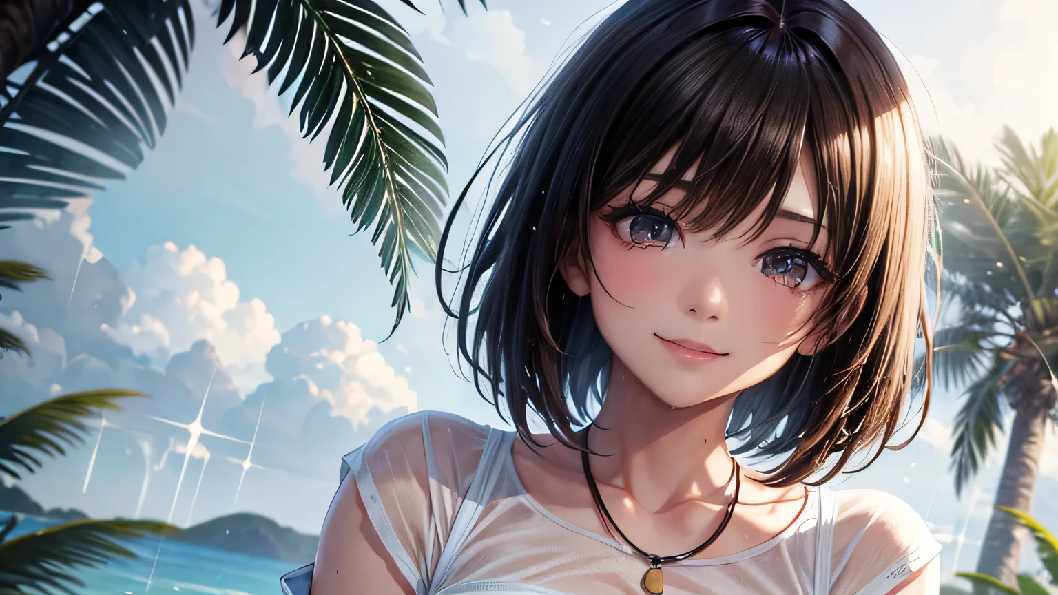 smile、Voluptuous body、woman、Beautiful brown hair、Short Hair,Stylish and cute white clothes,Ripped jeans,Clothes that are wet from the rain and slightly transparent,Wet Hair,rain,Weather,Ultra-high resolution, Accurate, Super detailed, Textured skin, High detail, highest quality, 8k, Detailed Hair,Detailed eyes,Focus on the face,Depict the figure from the waist up,Rainy coast,Palm tree,rain,Sexy pose,
