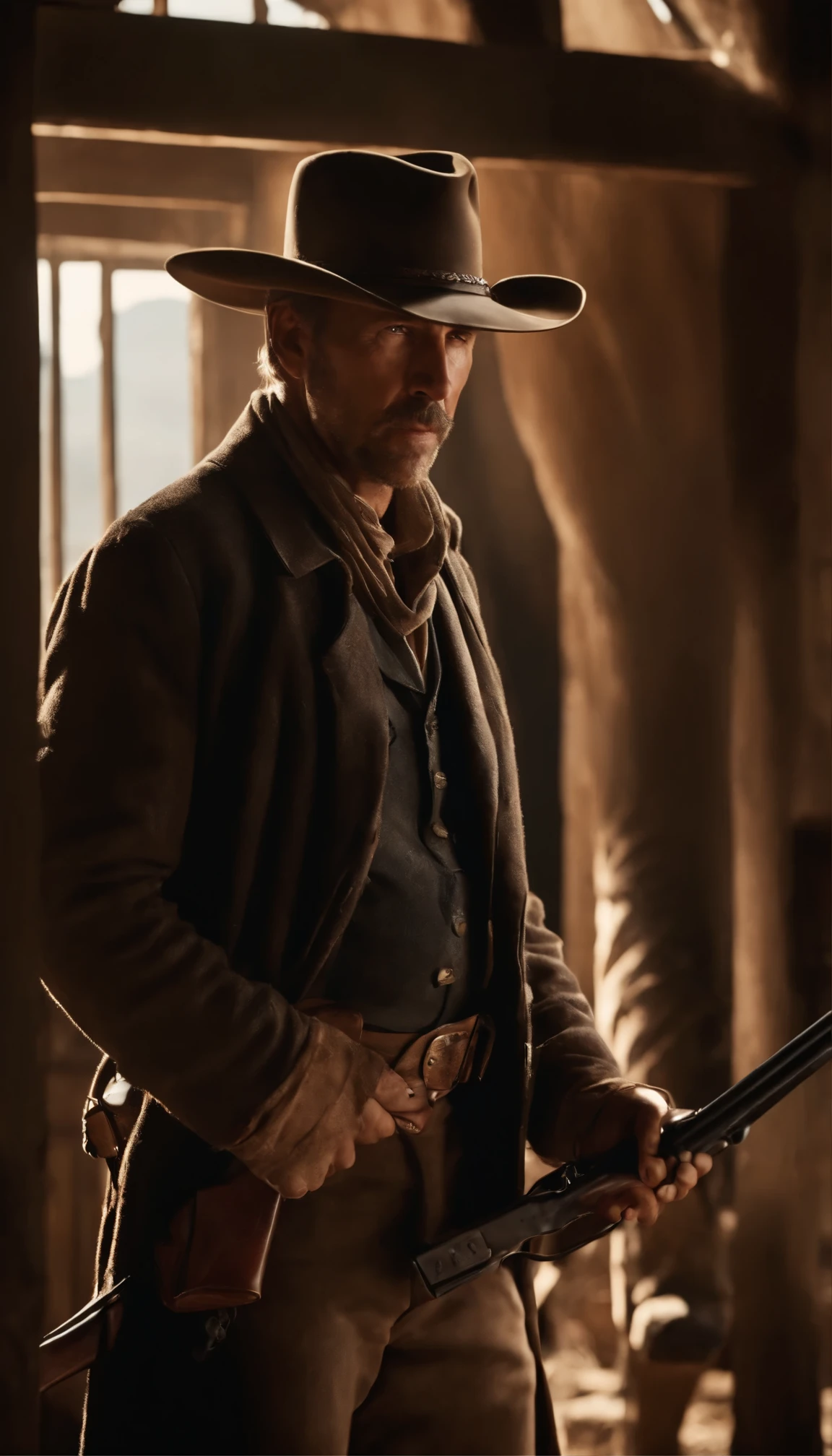 movie「Silverado」In the high definition scene of the duel scene、Kevin Costner plays a rugged frontier lawman.、movieのリアルな世界観の下で両手で巧みに銃を振り回しています。This moment when the soft natural light shines in、The intricate detail of Costner's weathered features and、It highlights the worn gunmetal of his firearm.。High resolution and exceptional image quality、movieのようなドラマを感じさせ、4K UHD capture、From the texture of film grain to the subtle nuances of Western movies、Every detail is faithfully reproduced。