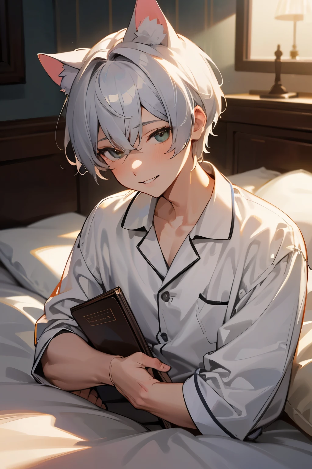 超High resolution, retina, masterpiece, Accurate, Anatomically correct, Rough skin, Very detailed, Advanced Details, high quality, Awards, 最high quality, High resolution, High resolution, 4K,(anime,8k,masterpiece, 最high quality, 最high quality,beautifully、beautiful:1.2,Professional Illustration:1.1,Very detailed:1.3,Perfect lighting),Very detailed,Most detailed,High resolution,boy,Cat ear,Silver Hair,short hair,Wicked Smile,Upper Body,pajamas,bed,