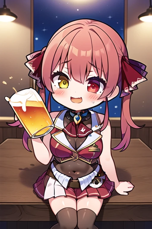 masterpiece,highest quality,One girl,alone,close your eyes,Open your mouth,cry,shout,tears,(Drunk,blush),Sitting,drinking,((suit)),Holding a mug,Beer mug,counter,bar,masterpiece, highest quality, High resolution, bb Marine, Twin tails, Heterochromia iridis, Red Ascot, Expose your shoulders, Red Shirt, Bare arms, No sleeve, See through, (A leotard worn under clothing:1.2), Covered navel, belt, Pleated skirt, Red Skirt, Black knee socks, smile, wave hands, Open your mouth, masterpiece, highest quality, High resolution, ,alone, Center of chest, Cowboy Shot, smile, Open your mouth, stage、 wave hands,Five Fingers