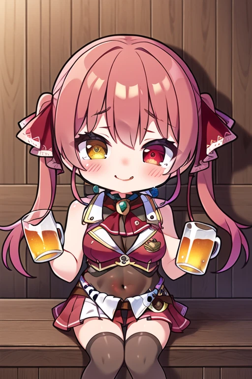 masterpiece,highest quality,One girl,alone,close your eyes,Open your mouth,cry,shout,tears,(Drunk,blush),Sitting,drinking,((suit)),Holding a mug,Beer mug,counter,bar,masterpiece, highest quality, High resolution, bb Marine, Twin tails, Heterochromia iridis, Red Ascot, Expose your shoulders, Red Shirt, Bare arms, No sleeve, See through, (A leotard worn under clothing:1.2), Covered navel, belt, Pleated skirt, Red Skirt, Black knee socks, smile, wave hands, Open your mouth, masterpiece, highest quality, High resolution, ,alone, Center of chest, Cowboy Shot, smile, Open your mouth, stage、 wave hands,Five Fingers