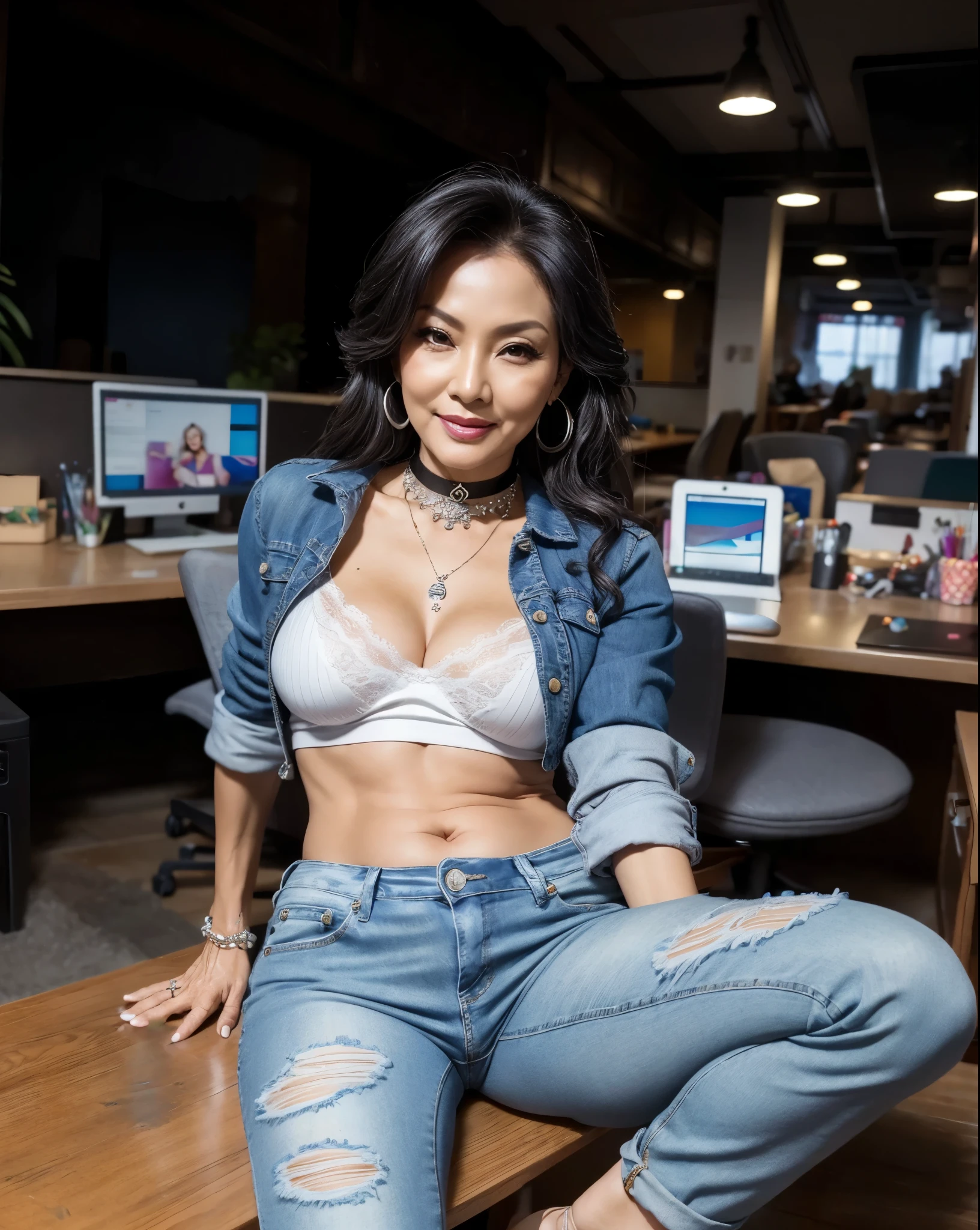 Spread your legs 75 years old Mom MILF Korean, Lady large earring Big choker navel piercing decoration A bracelet Silver Hair realisitic Gorgeous Madame Beautiful Mature Woman sexy Smile Gentle woman navel piercing 4K High quality distressed jeans Office PC machine Gorgeous Madam