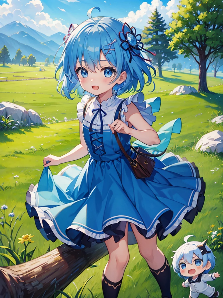 highest quality、masterpiece、Chibi Character、Two boys、Light blue hair、Spreading grassland