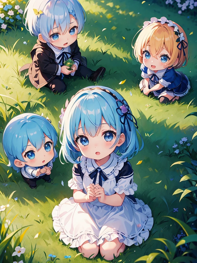 highest quality、masterpiece、Chibi Character、Two boys、Light blue hair、Spreading grassland