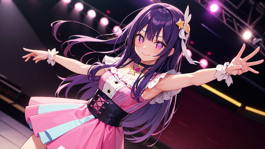 1 girl,(Ai Hoshino, Long Hair, Purple Hair, Striped Hair ,Purple eyes, Star-shaped pupils, hair ornaments) ,((masterpiece)), (highest quality), (Beautiful fine details), (Super detailed), (Fine details), (High resolution), 8k, Cinema Lighting, colorful, 1 girl, cute, More professional photos of stunning girls, Sharp focus, dramatic, Cute smile, Cheerful, on stage, Spotlight, cute idol costumes, concert, Cowboy Shot, Dynamic Angle, Dutch Angle, Dancing, (cute, pastel colour),、Nice hands, Perfect hands,