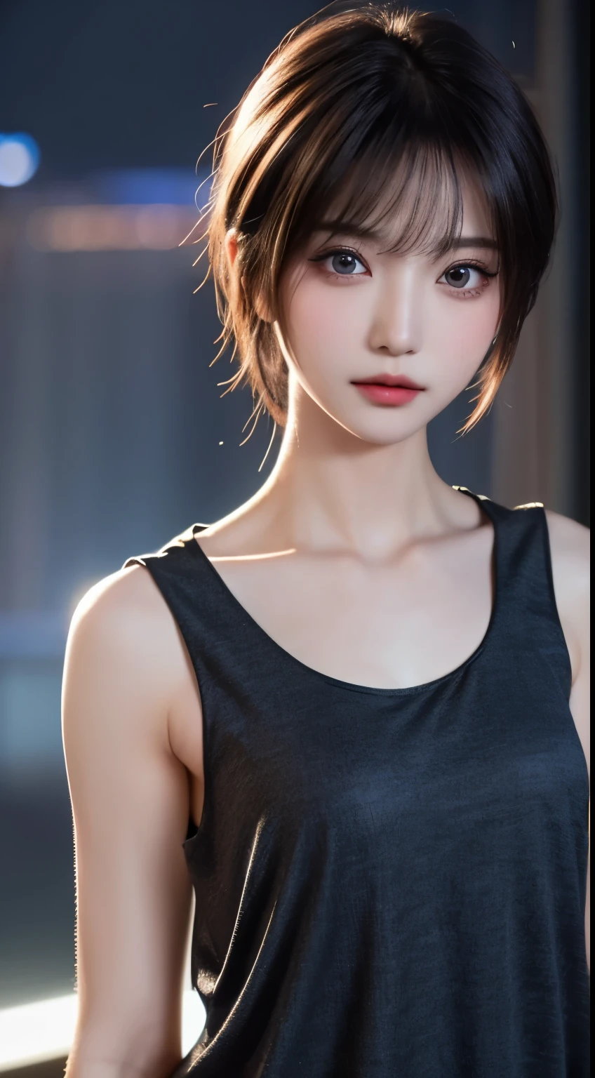 masterpiece, Beautiful girl, detailed, Swollen eyes, (Wearing a loose tank top that reveals skin:1.6)、highest quality, 超A high resolution, (reality: 1.4), Original photo, One Girl, Cinema Lighting, (Laughter:0.6), Japanese, Asian Beauty, Korean, Proper, really beautiful, A slightly younger face, Beautiful skins,Orange Hair、 Slim and small chested, Wear a loose tank top that exposes your chest from the side:1.6、Night view background, (超reality的な), (Consciousness upward), (High resolution), (8k), (非常にdetailedな), (The best Consciousness upwardns), (Beautiful and detailed eyes), (超detailedな), (wallpaper), (detailedな顔), Looking at the audience, 細かいdetailed, detailedな顔、Deep Shadow、Inconspicuous、Pure erotic face ace_v1、46 point diagonal bangs、Look straight ahead、I can see her small, flat chest、Eye color: black、