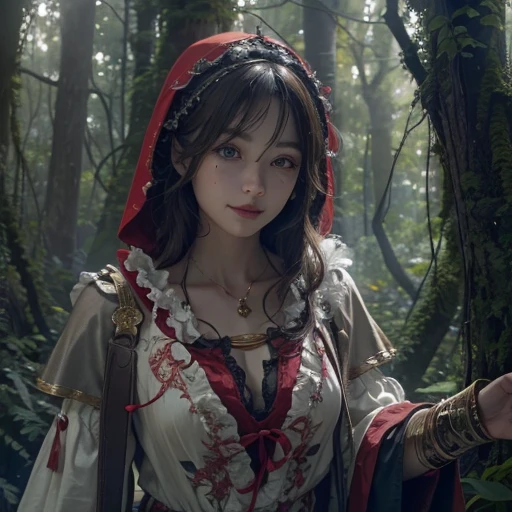 Standing in the forest、Hair flow、 ((highest quality、masterpiece、8k、Best image quality、Ultra-high resolution、Award-winning works)、(Accurate anatomy:1.1)、(Look at me and smile:1.hining fair skin with Ultra-high resolution、The most detailed face、Ultra-high resolution detailed face、Ultra-high resolutionの髪の毛、(Ultra-high resolution eye:1.1)、Beautiful face drawn in every detail、little red riding hood Costumes , Chest to chest, Strange atmosphere, A real werewolf stares at her....., Dark Light, in the forest , Heavy makeup
