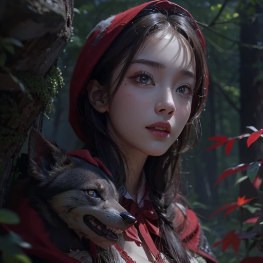 Standing in the forest、Hair flow、 ((highest quality、masterpiece、8k、Best image quality、Ultra-high resolution、Award-winning works)、(Accurate anatomy:1.1)、(Look at me and smile:1.1)、Shining fair skin with Ultra-high resolution、The most detailed face、Ultra-high resolution detailed face、Ultra-high resolutionの髪の毛、(Ultra-high resolution eye:1.1)、Beautiful face drawn in every detail、little red riding hood Costumes , Chest to chest, Strange atmosphere, A real werewolf stares at her....., Dark Light, in the forest , Heavy makeup