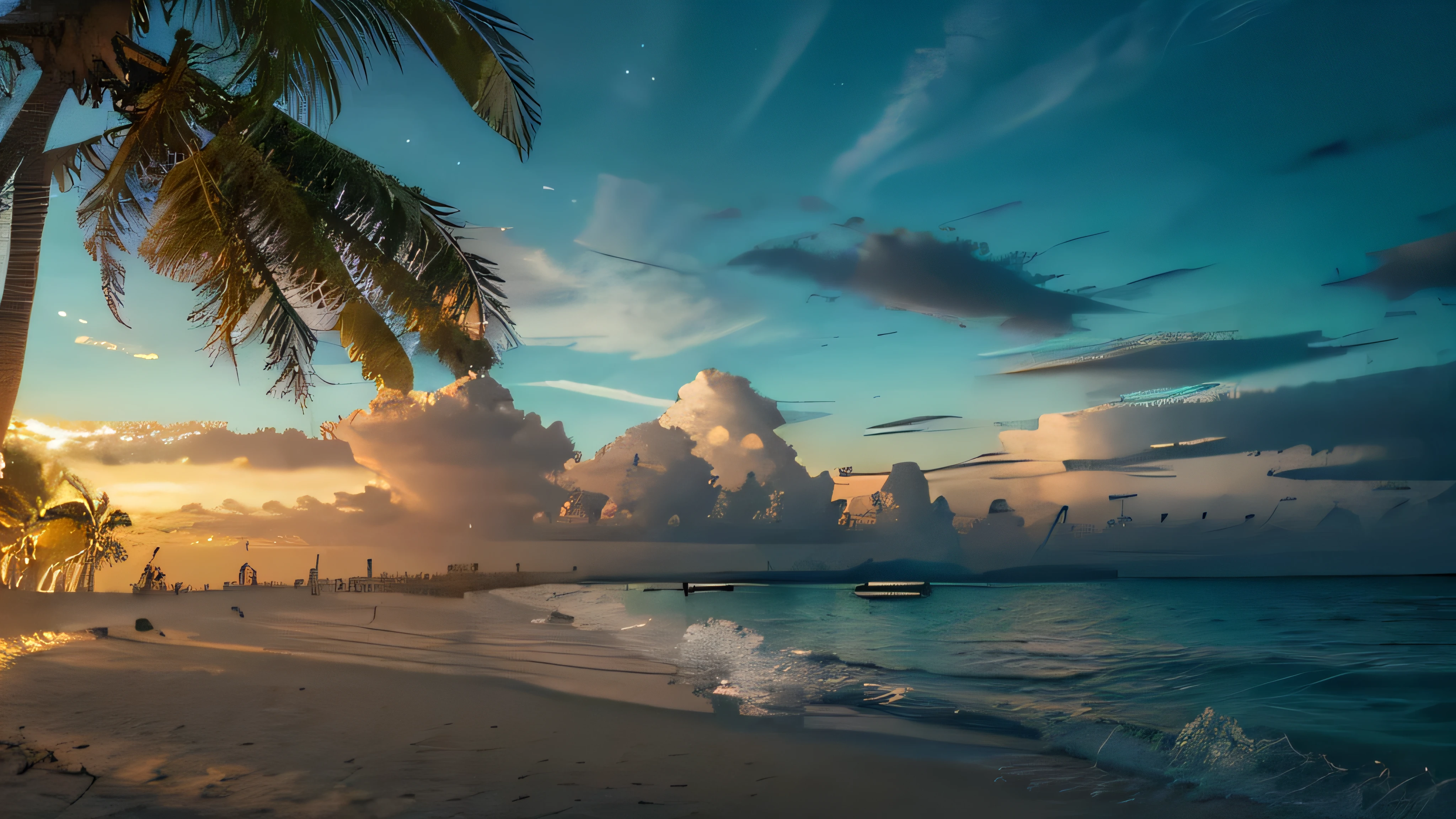 beautiful tropical beach, no people, serene landscape, golden sand, turquoise ocean, swaying palm trees, dramatic sky, cinematic lighting, vibrant colors, breathtaking scenery, highly detailed, photorealistic, 8k, award winning, masterpiece night