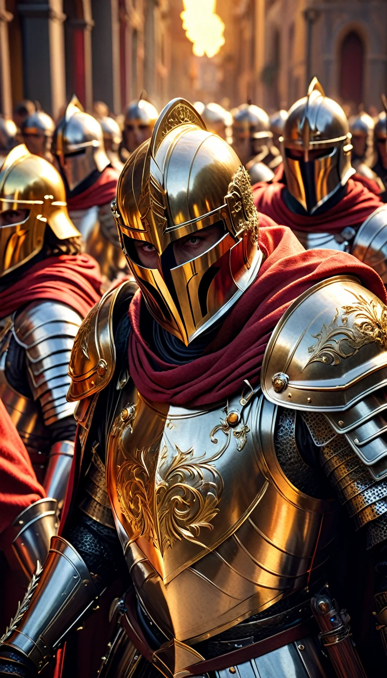 a group of knights donned in full armor and adorned with striking red capes finds themselves in the midst of a dramatic battle. Armed with powerful maschinengewehr weapons, these valiant templars face off against a horde of possessed politicians, locked in a fierce struggle for supremacy and control,
digital UHD (k) image, cinematic film still dramatic side lighting, dramatic intense stare closeup portrait,  hdr,  shallow depth of field, vignette, highly detailed, high budget Hollywood film, cinemascope, moody, epic, gorgeous
, Highly detailed and clean, Photorealistic and cinematic masterpiece, professional photography, realistic, realism, 200k , Raytracing and light effect , gold magic, gold efect, digital, perfect composition, beautiful detailed intricate insanely detailed octane render trending on artstation, 8 k artistic photography, photorealistic concept art, soft natural volumetric cinematic perfect light, award - winning photograph, masterpiece, raphael, caravaggio, greg rutkowski, beeple, beksinski, giger