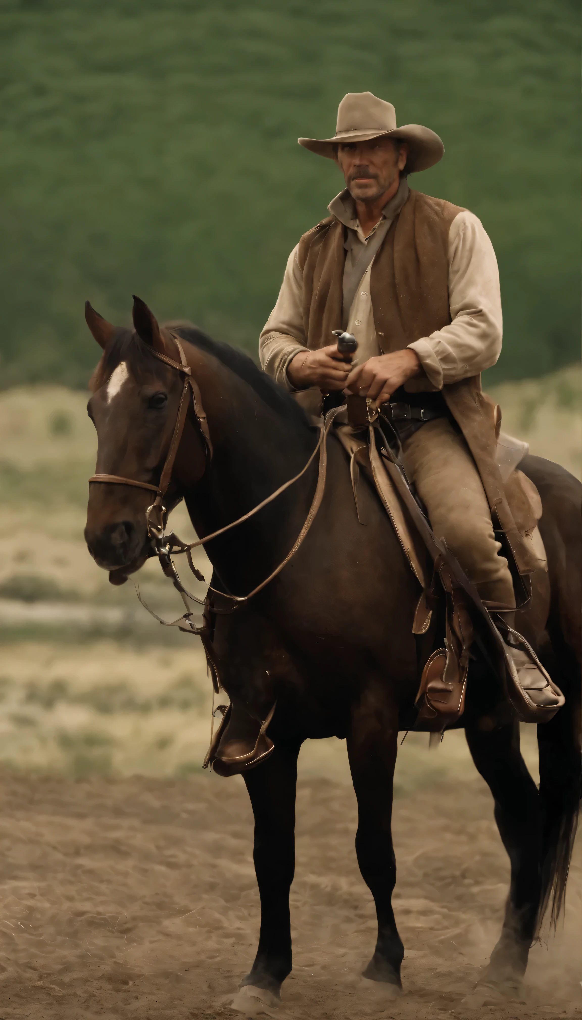 movie「Silverado」In the high definition scene of the duel scene、Kevin Costner plays a rugged frontier lawman.、In the realistic world of the movie, he skillfully wields a gun with both hands.。This moment when the soft natural light shines in、The intricate detail of Costner's weathered features and、It highlights the worn gunmetal of his firearm.。High resolution and exceptional image quality、It gives the feeling of a movie-like drama.、4K UHD capture、From the texture of film grain to the subtle nuances of Western movies、Every detail is faithfully reproduced。A closer look at young Kevin Costner's face