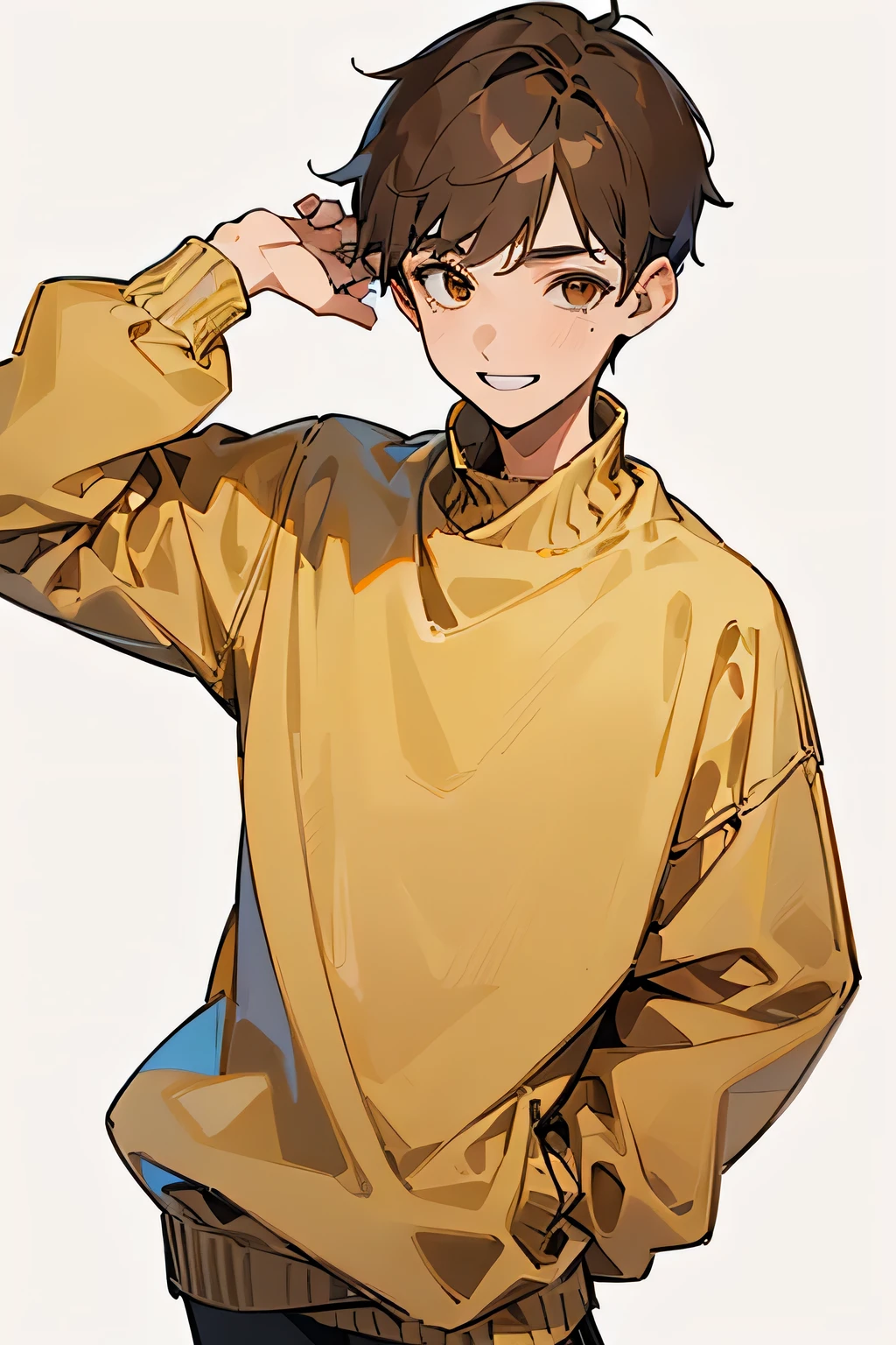 best quality , detailed , ((( 1 boy:1.3 ))) , ( boy focus:1.2 ) , ( lightbrown hair ) , (( short length two block hair )) , bangs , ( male face:1.3 ) , oversized yellow sweater , sharp nose , (( boy eye )) , brown eye , smile , grin , white teeth , slim body , ( facing the front ) , (( cowboy shot:1.3 )) , ( simple white background:1.2 ) ,from front