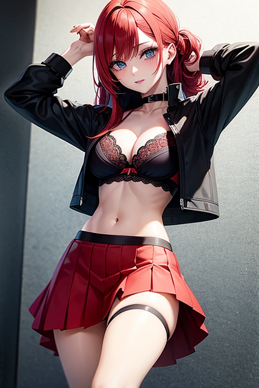 An anime girl with red hair and blue eyes wearing a skirt and a black and red bra