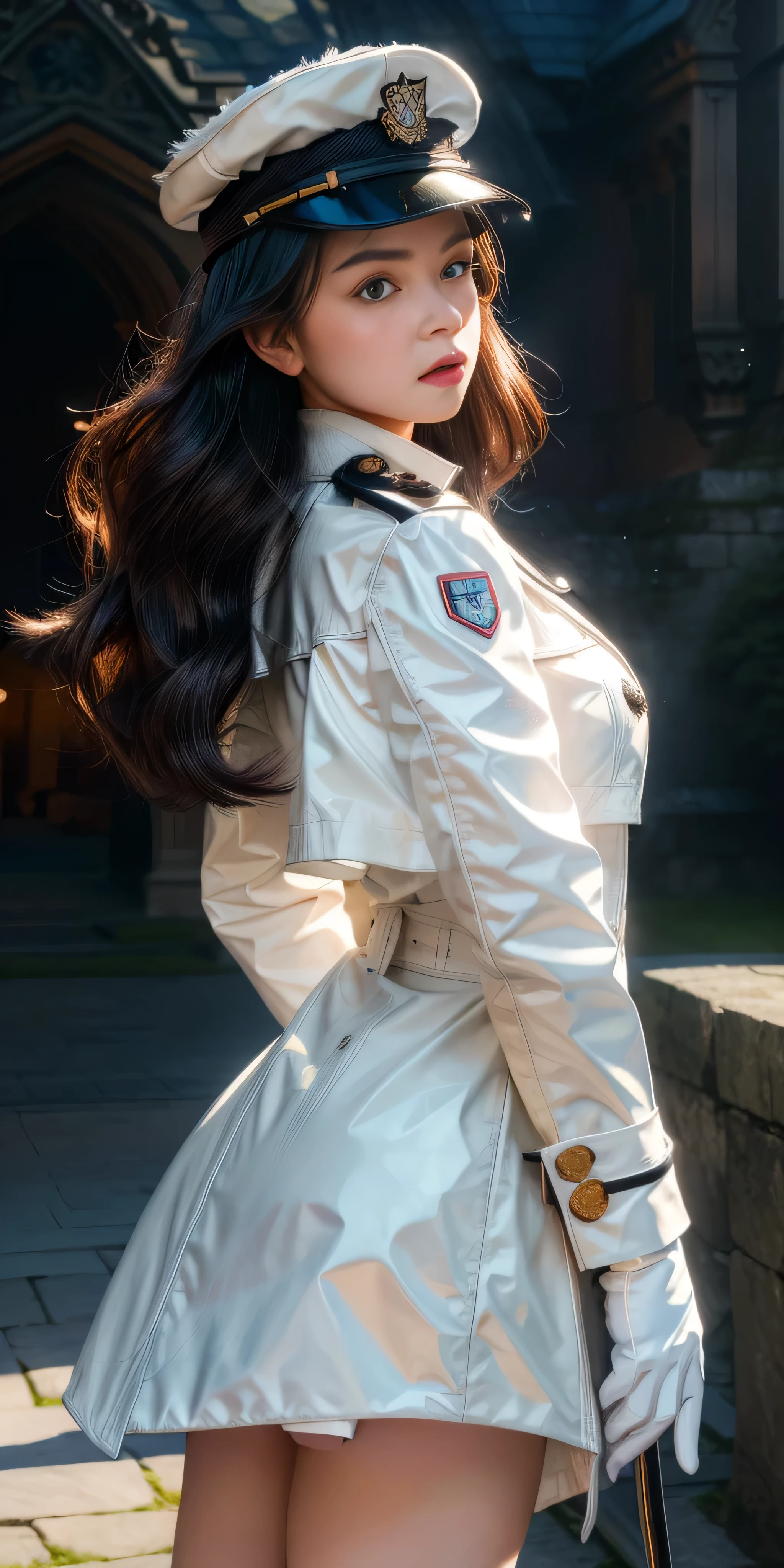 Very detailed CG, 1 girl, red face, slightly open lips, wet body, plump and symmetrical breasts, raised buttocks, long white trench coat, two-breasted buttons, buttoned well, white military cap, white gloves, white boots, green wavy curls, leather whip, chest bump close-up, buttocks close-up, multiple angles, black sky, gloomy castle, dynamic angle, flowing, 8k wallpaper, masterpiece, best quality, super detailed, best lighting, best shadows