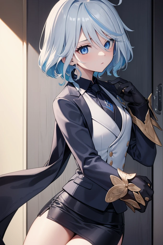 furina, furina, blue eyes, blue hair, cowlick, ahoge, hair over one eye, light blue hair, short hair,
BREAK asymmetrical gloves, black gloves, blue skirt suit, (((three-piece suit))), (((necktie))), dark dress shirt, shirt collar, blazer, (((suit jacket))), (((white waistcoat))), double-breasted waistcoat, bodycon miniskirt, pencil skirt,
BREAK looking at viewer,
BREAK indoors,
BREAK (masterpiece:1.2), best quality, high resolution, unity 8k wallpaper, (illustration:0.8), (beautiful detailed eyes:1.6), extremely detailed face, perfect lighting, extremely detailed CG, (perfect hands, perfect anatomy),