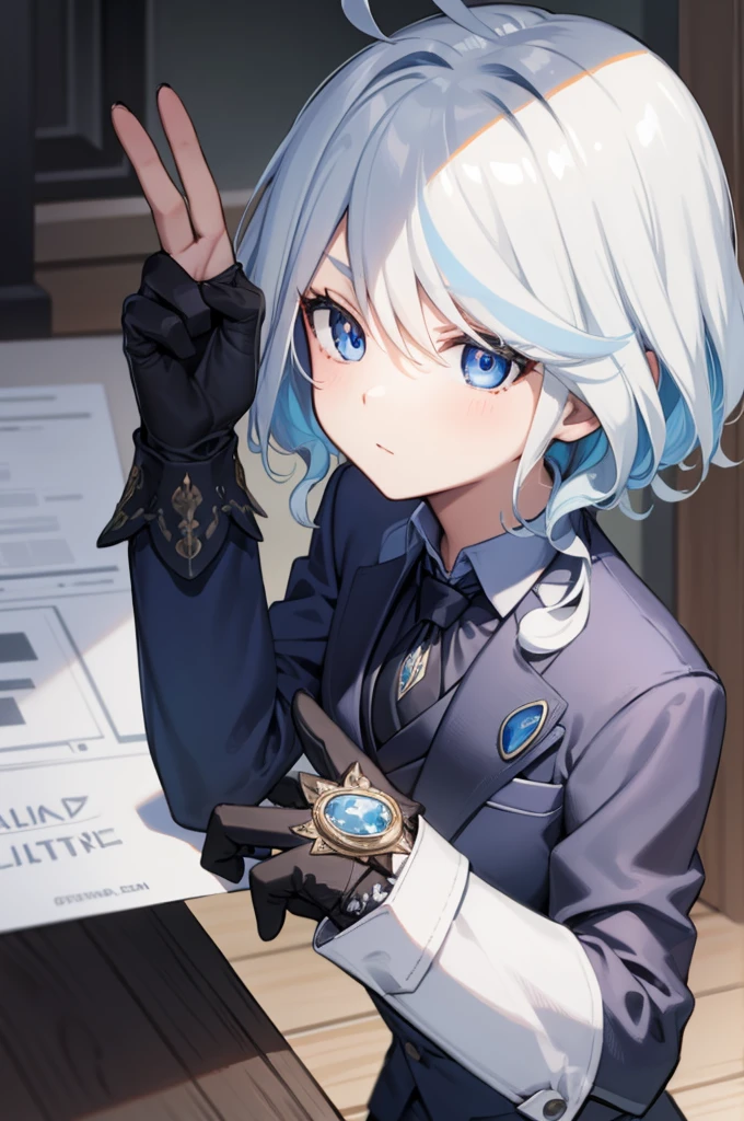 furina, furina, blue eyes, blue hair, cowlick, ahoge, hair over one eye, light blue hair, short hair,
BREAK asymmetrical gloves, black gloves, blue skirt suit, (((three-piece suit))), (((necktie))), dark dress shirt, shirt collar, blazer, (((suit jacket))), (((white waistcoat))), double-breasted waistcoat, bodycon miniskirt, pencil skirt,
BREAK looking at viewer,
BREAK indoors,
BREAK (masterpiece:1.2), best quality, high resolution, unity 8k wallpaper, (illustration:0.8), (beautiful detailed eyes:1.6), extremely detailed face, perfect lighting, extremely detailed CG, (perfect hands, perfect anatomy),