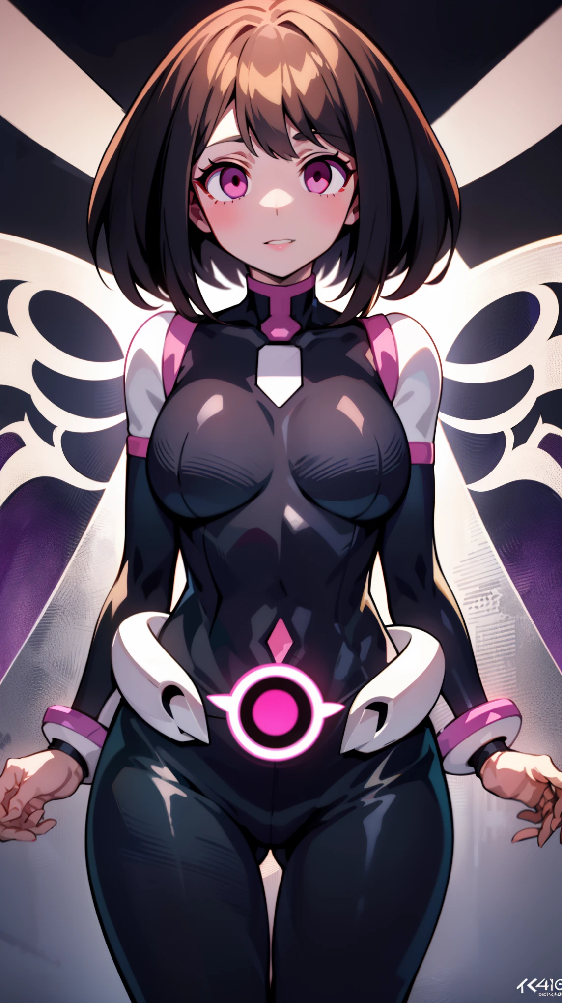 1 female,Browsing Caution, ((still)),((A monster fused with a rose)), ochako uraraka, Brown Hair, short hair, blush, blush stickers,Bodysuits, Fits perfectly to the skin, Superhero,clavicle,Absurd, Hollow Eyes, ((Big Tits 1.8)),((hypnotism,Mind control,Expressionless,Emotion Control Device)), ((Eyes Wide Open)),(The pupils constrict,Glowing purple eyes,Hollow Eyes),(indoor,Nightclub),night,Cowboy Shot, brainwashing,Hollow Eyes), (highest quality、4K、8k、High resolution、Must have:1.2)、Very detailed、(reality、reality、reality:1.37)、Ticker、Hyper HD、Studio Lighting、Ultra-precise Paint、Sharp focus、Physically Based Rendering、Very detailed、Professional specifications、Vibrancy and color、Blurred、Sports portrait、landscape、Horror Style、Anime Big 、sf、photograph、Concept Artist、Five Fingers, Perfect body,  {{{masterpiece}}}, {{{highest quality}}}, {{Very detailed}}, {shape}, {{Very delicate and beautiful}},Improved cost performance、All Roles、Canon 5D MK4でphotograph、photograph, 