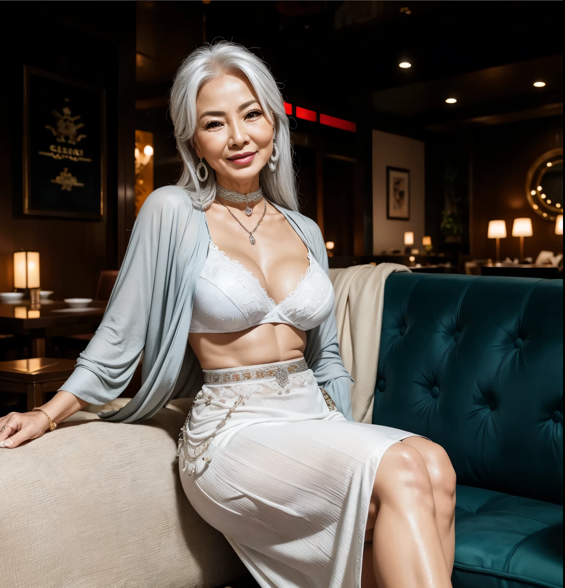 Sitting on the couch, 75 years old Mom MILF Chinese Lady large earring Big choker navel piercing decoration A bracelet Silver Hair realisitic Gorgeous Madame Beautiful Mature Woman sexy Smile Gentle woman navel piercing 4K High quality restaurant Dress code Landscape look back Beautiful feet High heels