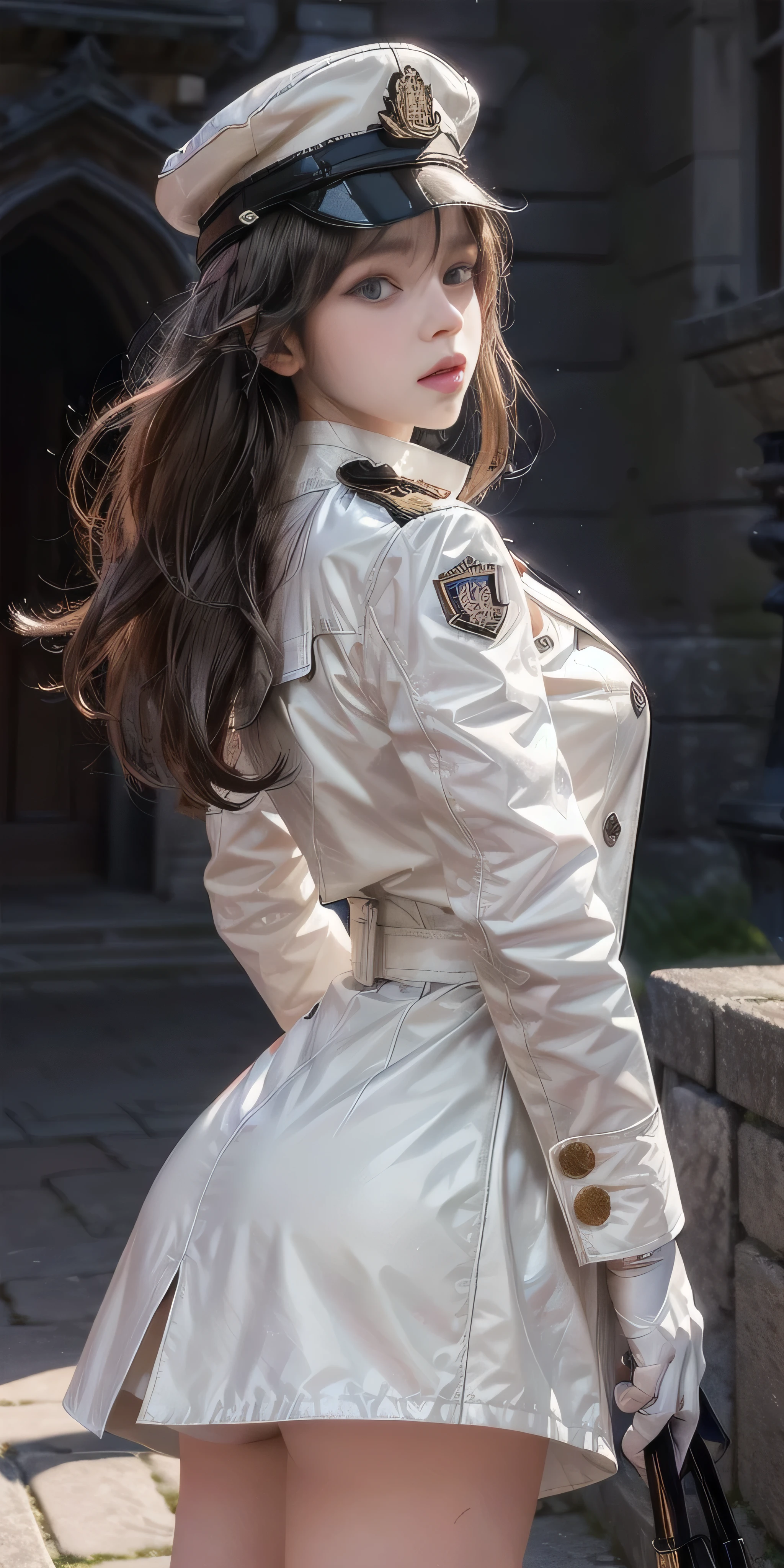 Very detailed CG, 1 girl, red face, slightly open lips, wet body, plump and symmetrical breasts, raised buttocks, long white trench coat, two-breasted buttons, buttoned well, white military cap, white gloves, white boots, green wavy curls, leather whip, chest bump close-up, buttocks close-up, multiple angles, black sky, gloomy castle, dynamic angle, flowing, 8k wallpaper, masterpiece, best quality, super detailed, best lighting, best shadows