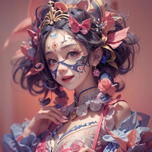 Hiding in the castle、Hair flow、 ((highest quality、masterpiece、8k、Best image quality、Ultra-high resolution、Award-winning works)、(Accurate anatomy:1.1)、(Look at me and smile:1.1)、Shining fair skin with Ultra-high resolution、The most detailed face、Ultra-high resolution detailed face、Ultra-high resolutionの髪の毛、(Ultra-high resolutionの煌めく瞳:1.1)、Beautiful face drawn in every detail、(Blurred Background:1.1)、Cheerful clown costume, Chest to chest, tattoo,、Wear a Venetian mask、Holding a masquerade mask