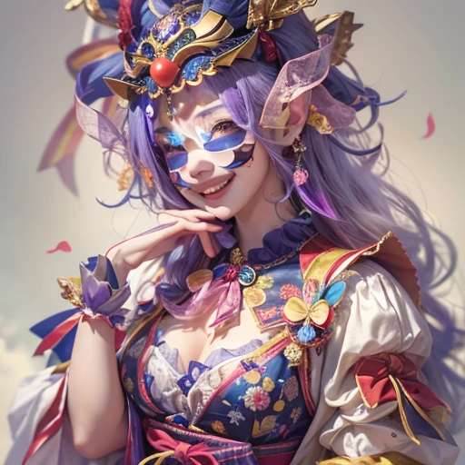 Hiding in the castle、Hair flow、 ((highest quality、masterpiece、8k、Best image quality、Ultra-high resolution、Award-winning works)、(Accurate anatomy:1.1)、(Look at me and smile:1.1)、Shining fair skin with Ultra-high resolution、The most detailed face、Ultra-high resolution detailed face、Ultra-high resolutionの髪の毛、(Ultra-high resolutionの煌めく瞳:1.1)、Beautiful face drawn in every detail、(Blurred Background:1.1)、Cheerful clown costume, Chest to chest, tattoo,、Wear a Venetian mask、Holding a masquerade mask