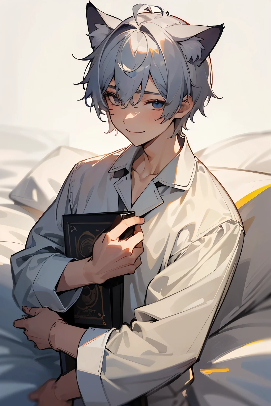 超High resolution, retina, masterpiece, Accurate, Anatomically correct, Rough skin, Very detailed, Advanced Details, high quality, Awards, 最high quality, High resolution, High resolution, 4K,(anime,8k,masterpiece, 最high quality, 最high quality,beautifully、beautiful:1.2,Professional Illustration:1.1,Very detailed:1.3,Perfect lighting),Very detailed,Most detailed,High resolution,(boy:1.3),Cat ear,Silver Hair,short hair,Wicked Smile,Upper Body,pajamas,bed,