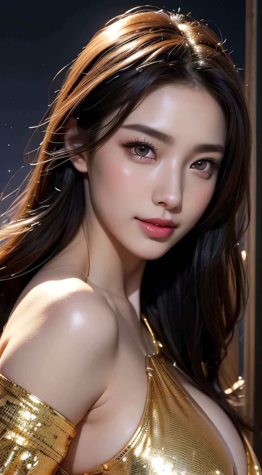 Kimono beauty, body portrait, 8k, thin and beautiful eyes, Dindal effect, masterpiece, top quality, high quality, high resolution, very detailed photo, (natural skin texture, fine skin, hyper realism, super sharpness) , high detail skin, (very fine, fine skin texture, intricate details, beautiful face, (real-like face), realistic eyes, beautifully detailed eyes, realistic skin, beautiful skin, surreal, Highly detailed, golden ratio, smiling eyes, ((night moonlight background)), body portrait, G cup, big breasts, huge breasts, big breasts, glamorous, shiny bodysuit