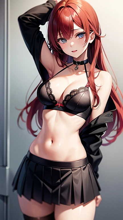 An anime girl with red hair and blue eyes wearing a skirt and a black and red bra
