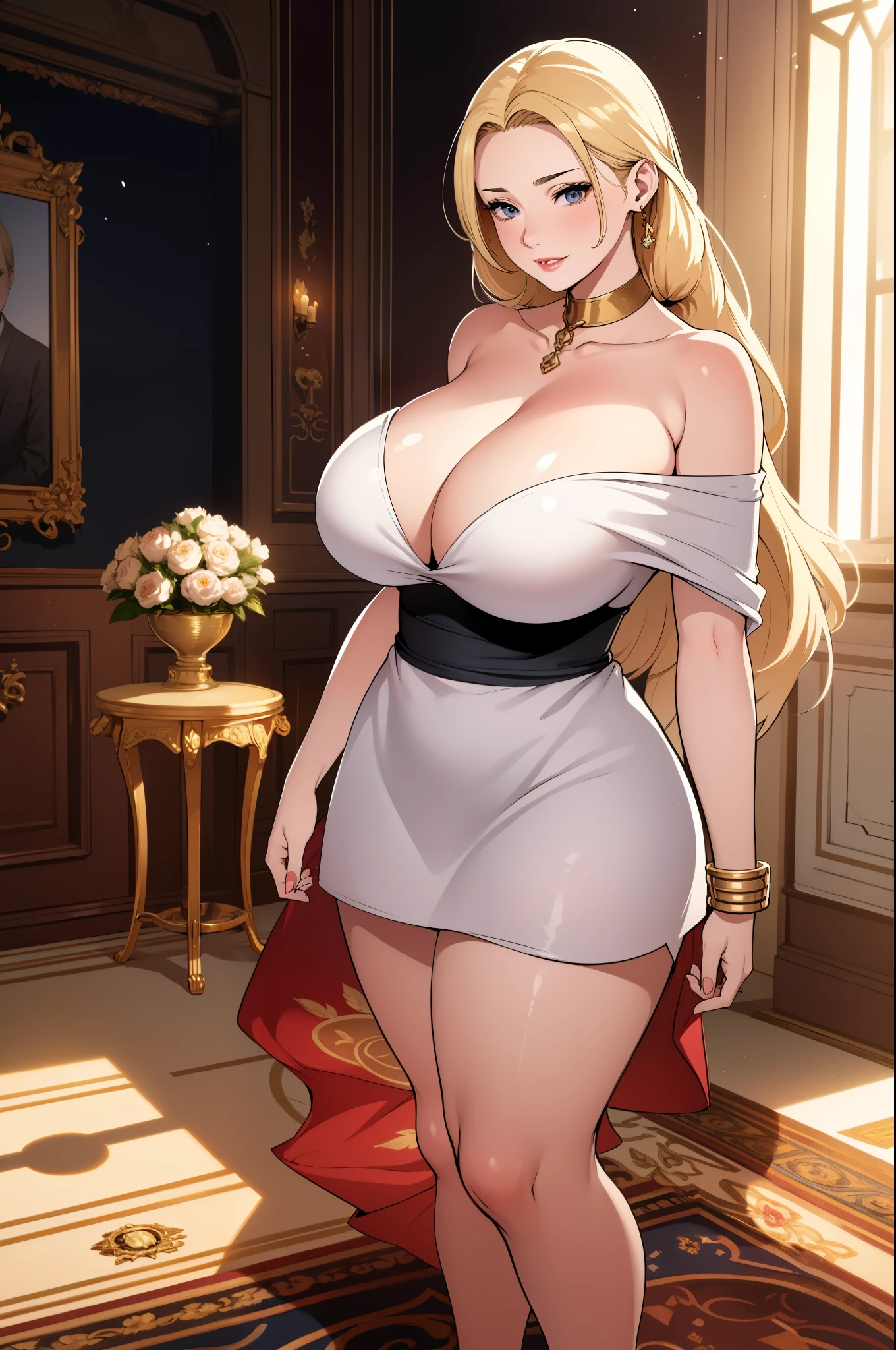 An extremely beautiful busty woman, with gold blonde long silky hair, blue eyes, extremely super bright snow white fair stunning flawless glowing lush shiny white skin, and complexion, a perfect tight hourglass figure, a thick plump ass, cleavage, and perfect hips, wearing a short white revealing floral dress with a light-brown off-the-shoulder cardigan, yellow heels, jewelry on the neck, gold bangles on her wrist, and gold anklets on her leg, a cute adorable smile on lips, pink lips, pink nails, red rose on hair bun, standing straight, looking at the viewer, big mansion living room in the background with gold interior, show full body from head to feet.
