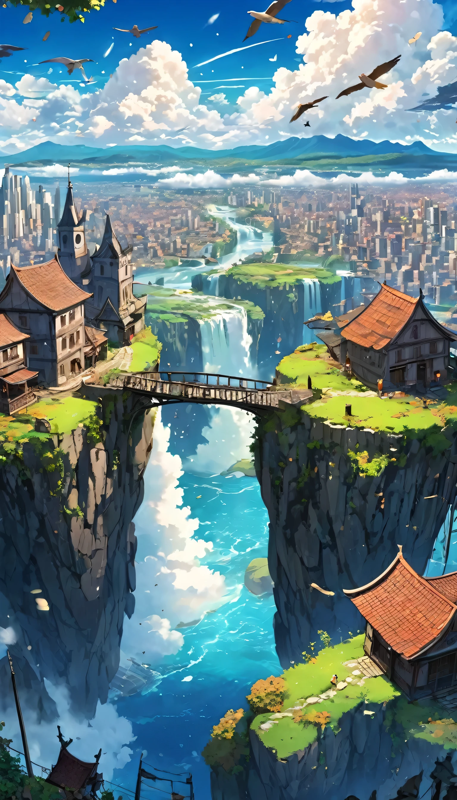 (((beautiful wallpaper of the view of a ruined city surrounded by clouds floating in the sky:1.4))), fantastic colorful birds flying in scene, sunset, autumn, walled, densely populated, 1 zeppelin flying from far. see from earth to sky, city of angels, isekai, Epic Ly in the sky and a river and ((waterfall:1.4)) and ((lake)), ((night)), (((sky full of stars :1) )), Lyscape, Fantasy, 4esthet1c, 4k, best quality, extreme detail, ghibli style