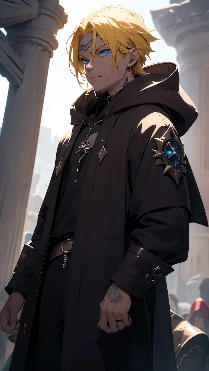 powerful being, dark mage, a man, celestial being, Powerfull Rune Magic, Yellow Hair, Blue Aqua eyes, Tribal Tattoo's, Hoodie Mage Coat, Powerful Guild Leader.