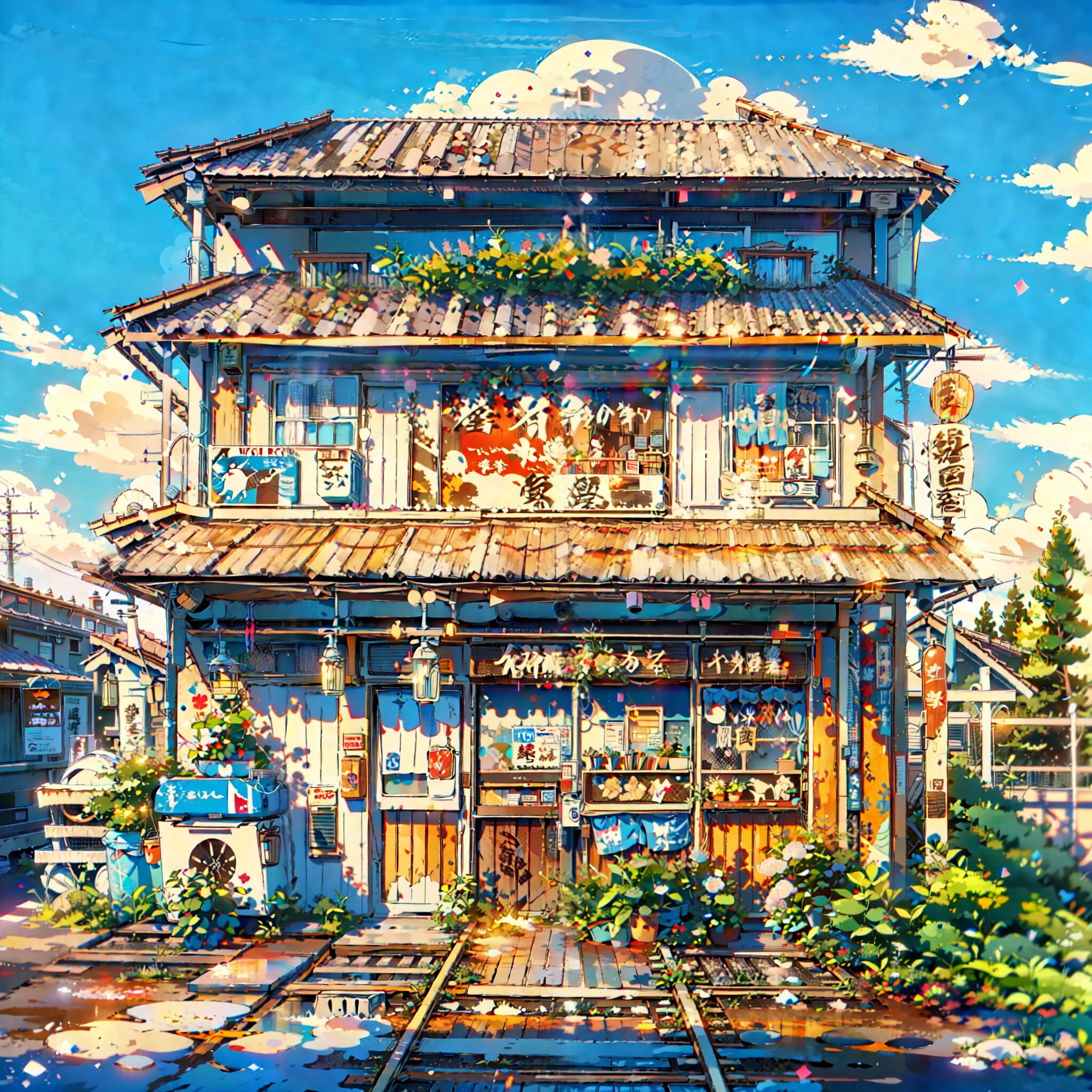 

Create a captivating anime-style scene set in a peaceful, semi-rural Japanese train station at twilight, inspired by the style of Makoto Shinkai. The sky is a gradient of deep blue and warm orange, with the last light of the setting sun casting a gentle glow over the landscape. 

The train station platform is modest yet charming, with wooden benches and vintage lampposts casting soft, ambient light. A sleek, modern train is just arriving, its headlights cutting through the twilight. The station is surrounded by lush greenery, with ivy and flowering plants climbing the walls and railings, adding a touch of nature to the urban setting.

In the foreground, a few passengers are waiting, their silhouettes softly illuminated by the station lights. The tracks glisten with recent rain, reflecting the colors of the sky and the station lights, creating a serene and magical atmosphere. 

The perspective should be dynamic and cinematic, perhaps from a slight low-angle view, emphasizing the depth of the scene and the height of the train. The overall mood should evoke a sense of calm and wonder, capturing the beauty of a fleeting moment in everyday life through the lens of Makoto Shinkai.

