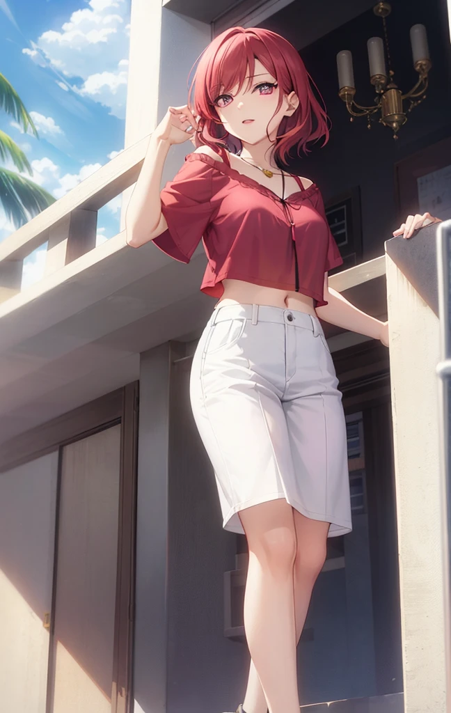 Nishikino maki, Purple eyes,((short red hair)), blouse, white pants, (midriff:0.8)balcony,(lips:0.7), llchar