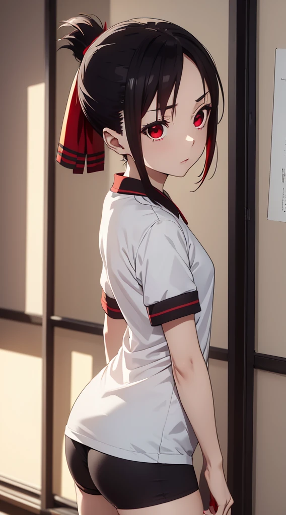 Kaguyasinomiya, Kaguya Shinomiya, folded ponytail, forehead, hair ribbon, (red eyes:1.5), red ribbon, band, Short hair, side locks, (little chest:1.2), gym uniform, Short top, legging, BREAK looks at the viewer, stands with your back to the viewer, seen from behind, ass, shows the, BREAKTHROUGH in the room, Classroom, BREAK (Masterpiece:1.2), Best Quality, High Resolution, Unity 8k Wallpaper, (illustartion:0.8), (beautiful detail eyes:1.6), extremely detailed face, perfect lighting, extremely detailed CGI, (perfect arms, perfect anatomy),
