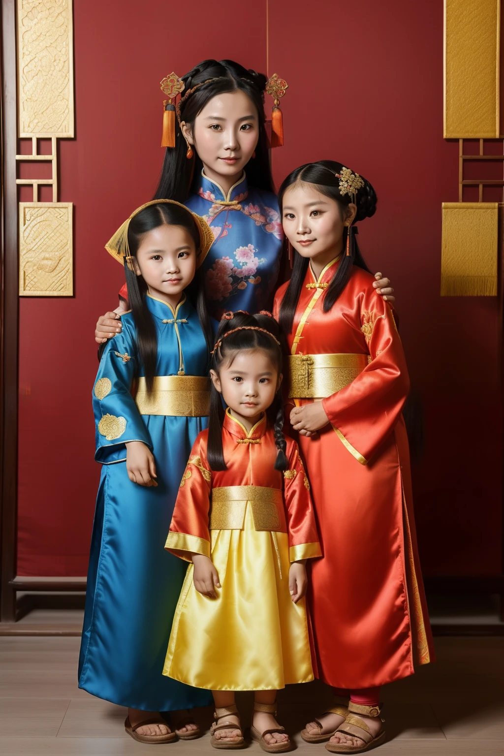 China, 1490. A young ((((29-year-old)) Tan Yunxian)), with her daughters, three  girls, family portrait, ((((chinese clothings from the 1490s)))), ((hairstyle of the 1490s)), ((colorful, luminous))